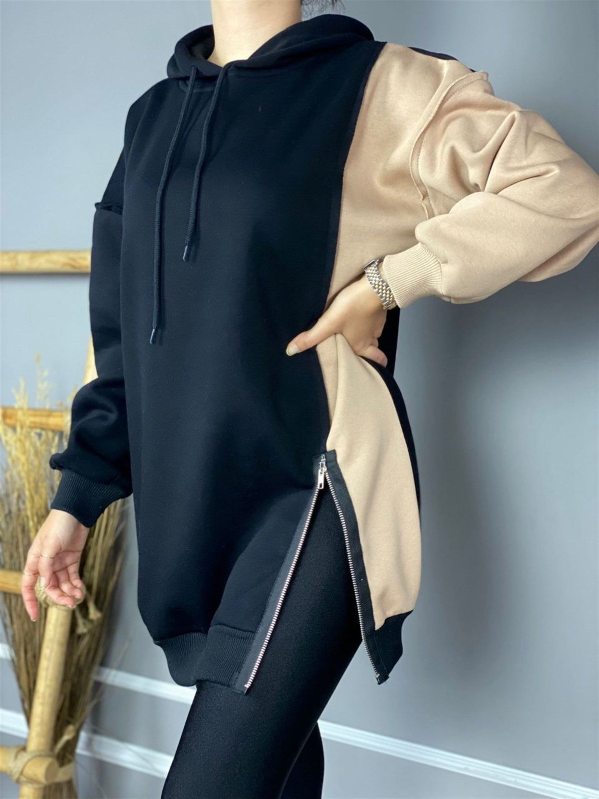 Yandan Fermuar Yırtmaç Detaylı Tunik Sweat (Siyah)