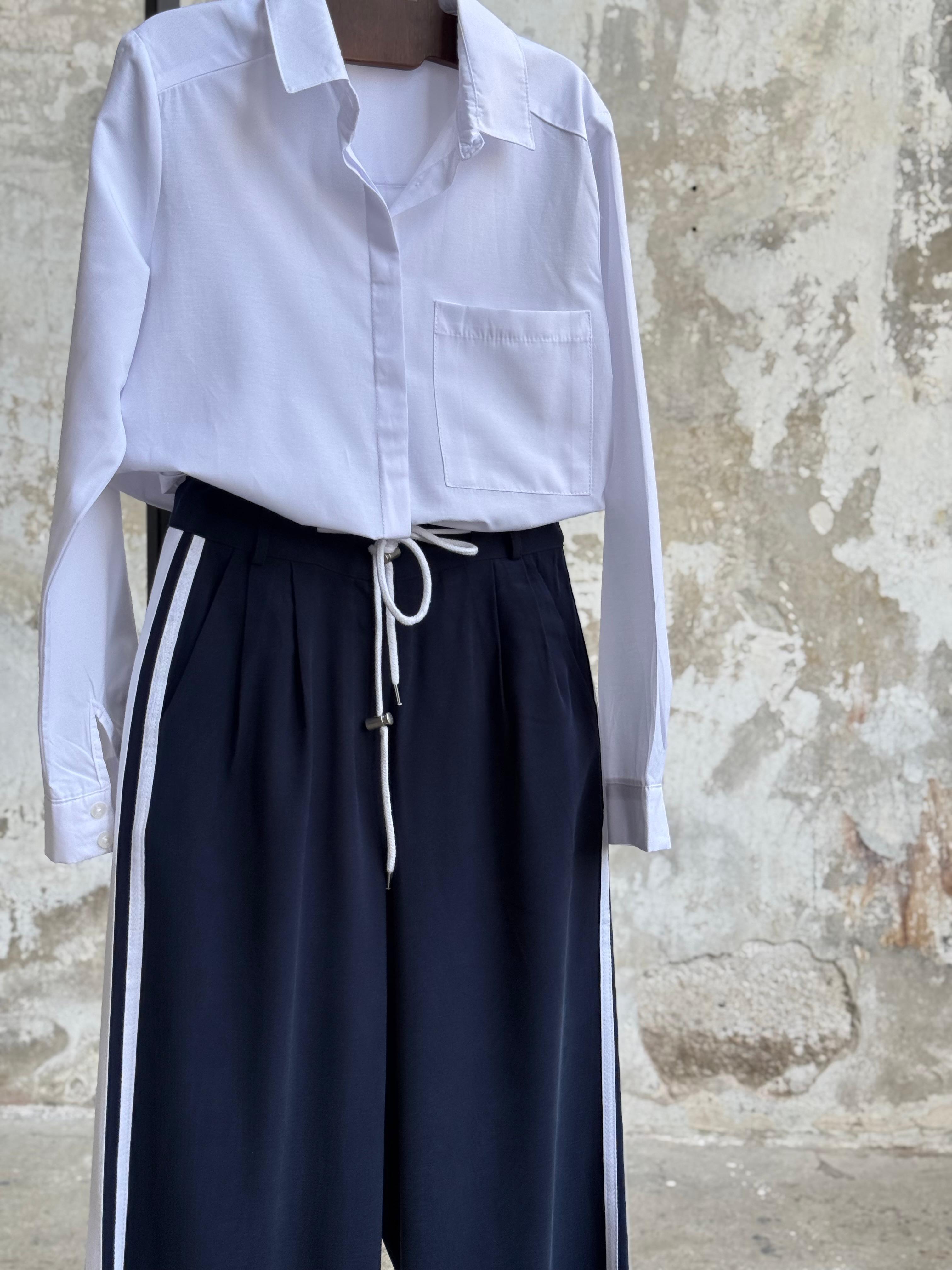 Yanı Şerit Detaylı Ayarlanabilir Bağcıklı Bol Pantolon (Lacivert)