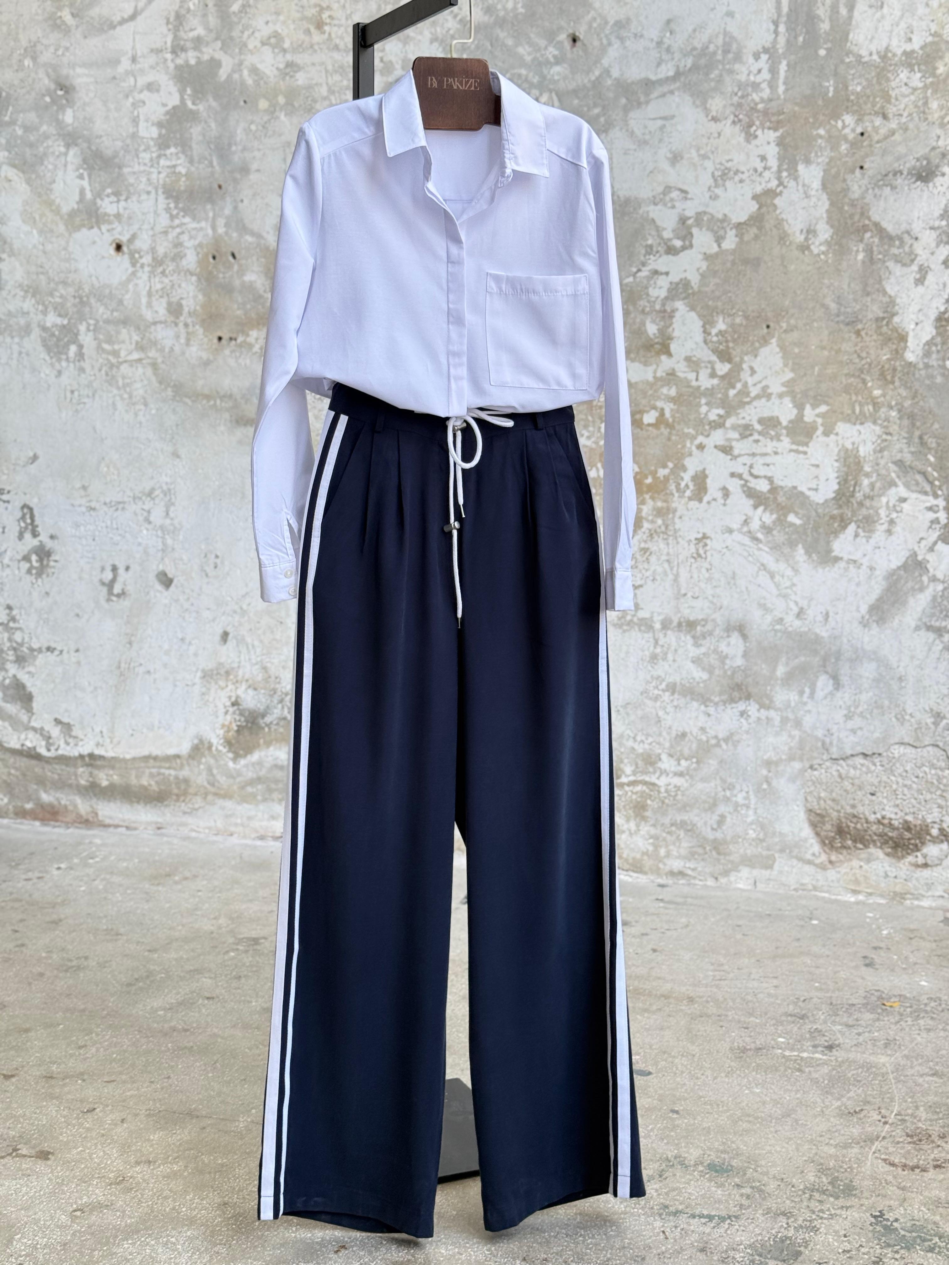 Yanı Şerit Detaylı Ayarlanabilir Bağcıklı Bol Pantolon (Lacivert)
