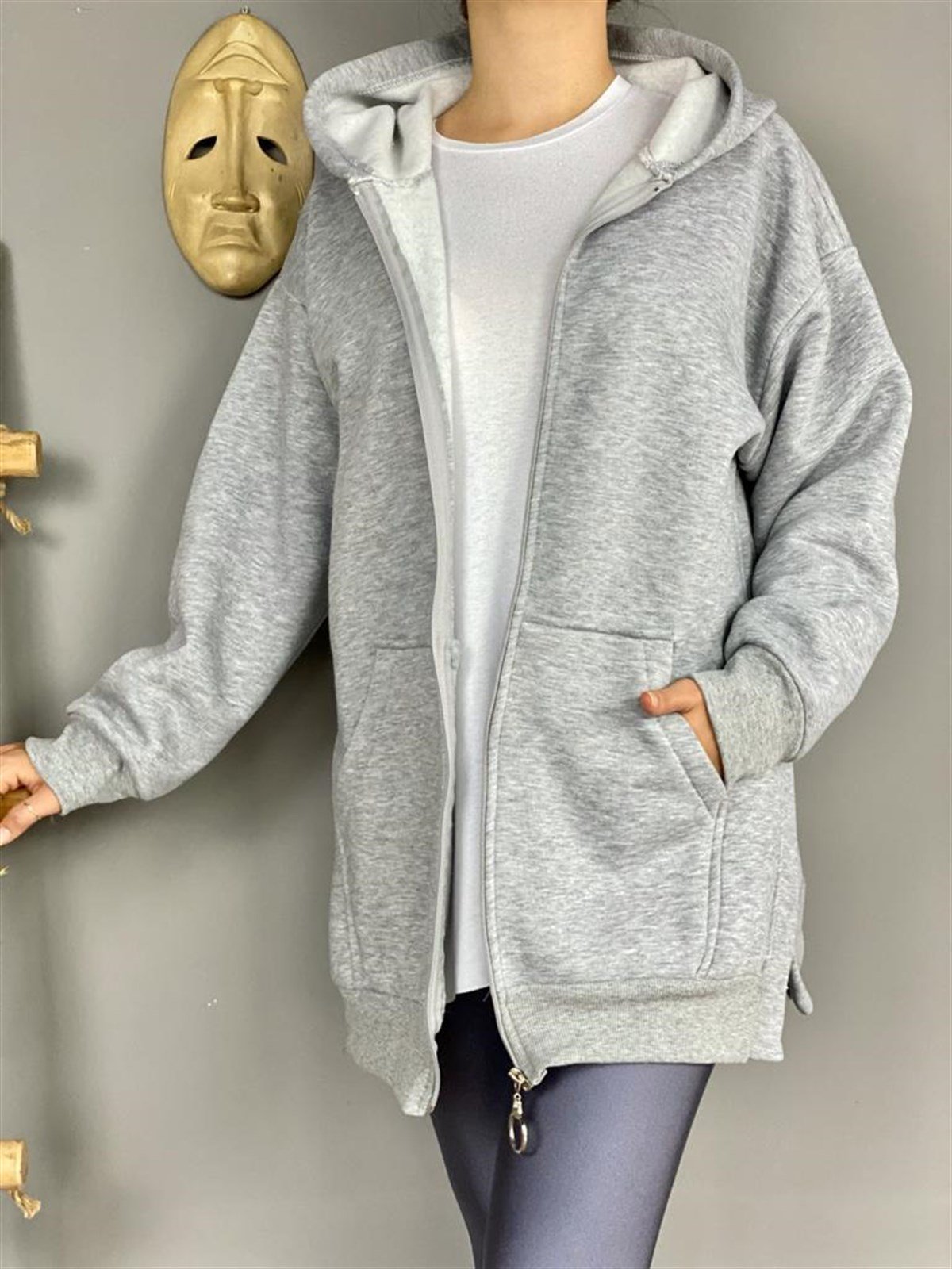 Yanları Yırtmaçlı Kapşonlu Sweat Hırka (Gri)