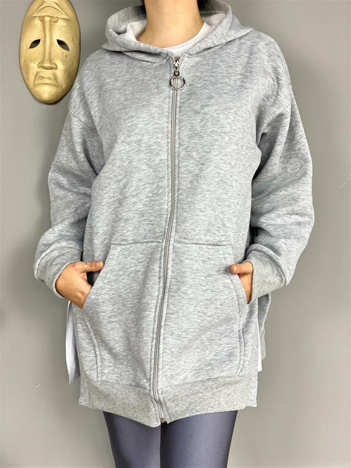 Yanları Yırtmaçlı Kapşonlu Sweat Hırka (Gri)