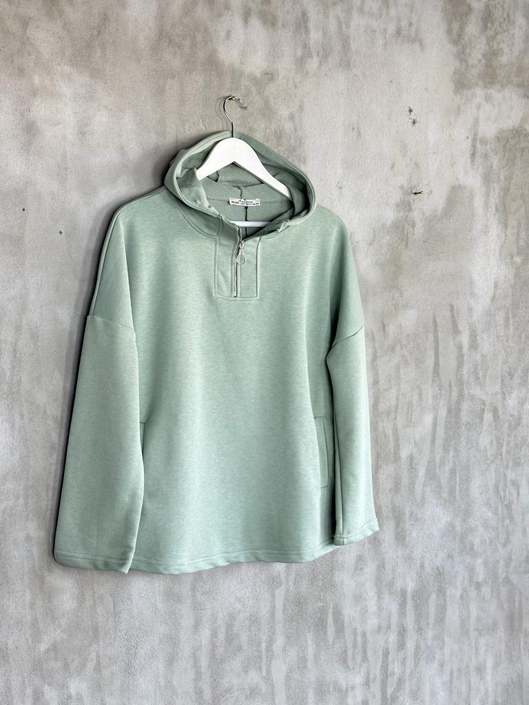 Yarım Fermuarlı Kapşonlu Sweat (Mint)