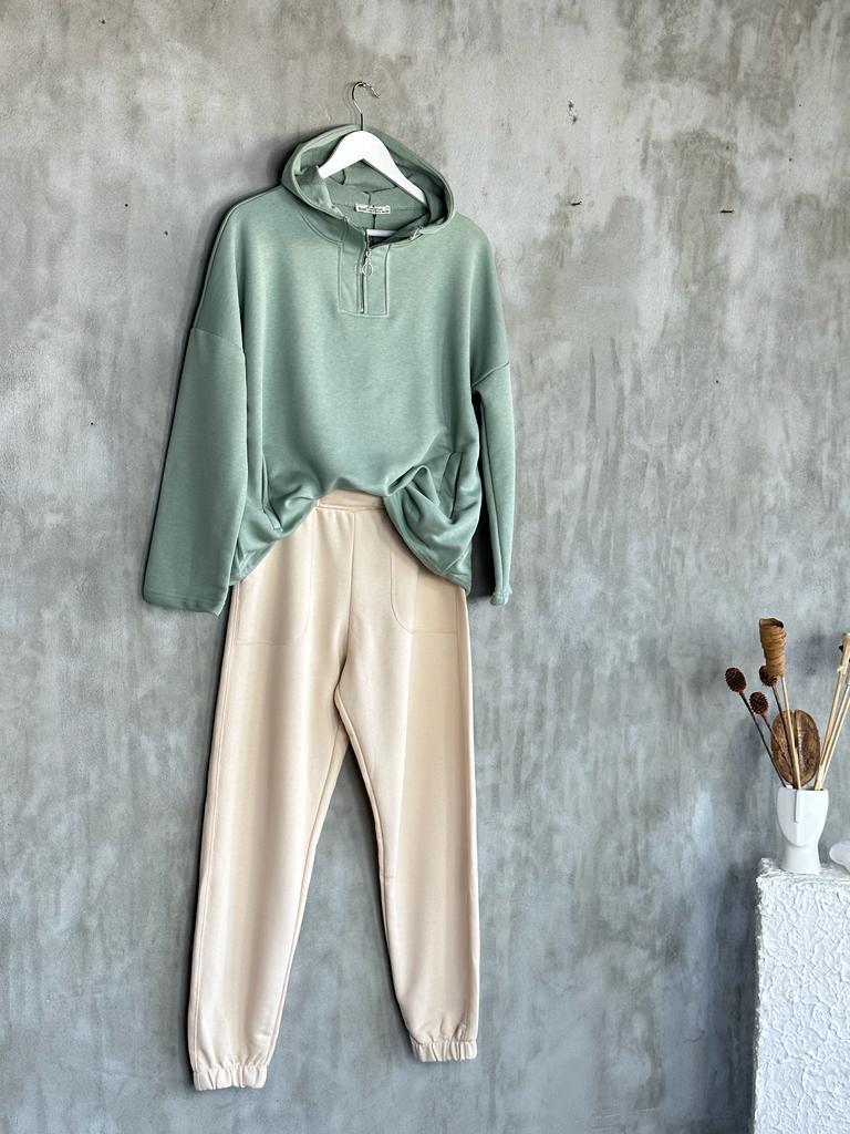 Yarım Fermuarlı Kapşonlu Sweat (Mint)