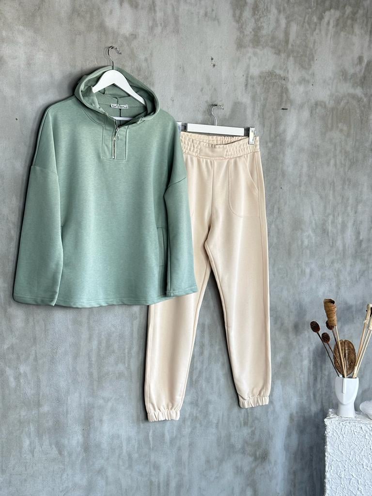 Yarım Fermuarlı Kapşonlu Sweat (Mint)