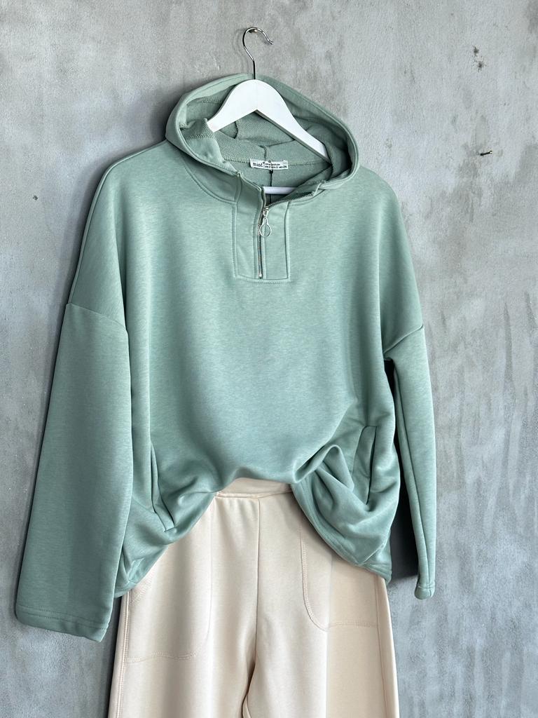 Yarım Fermuarlı Kapşonlu Sweat (Mint)