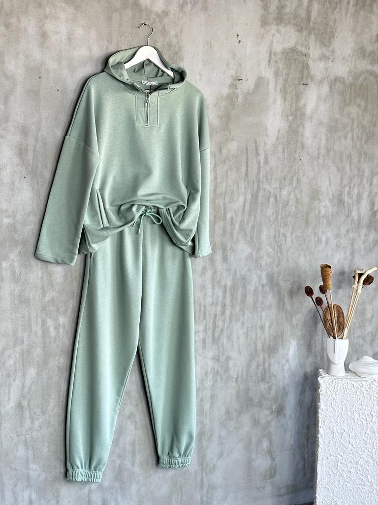 Yarım Fermuarlı Kapşonlu Sweat (Mint)