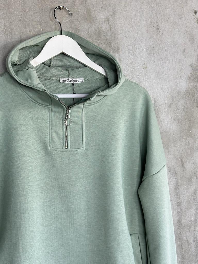 Yarım Fermuarlı Kapşonlu Sweat (Mint)
