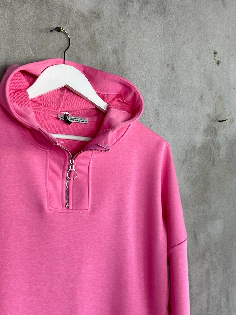 Yarım Fermuarlı Kapşonlu Sweat (Pembe)