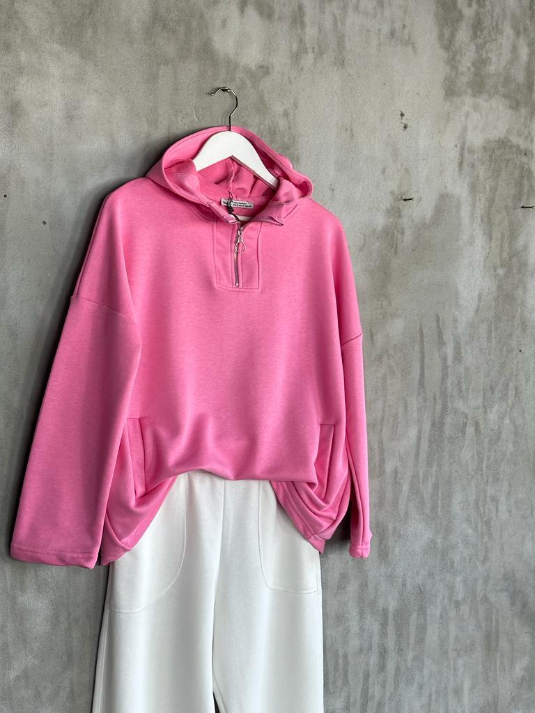 Yarım Fermuarlı Kapşonlu Sweat (Pembe)