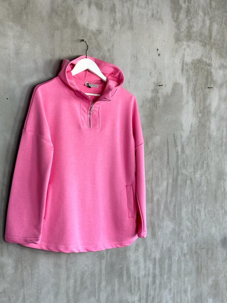 Yarım Fermuarlı Kapşonlu Sweat (Pembe)