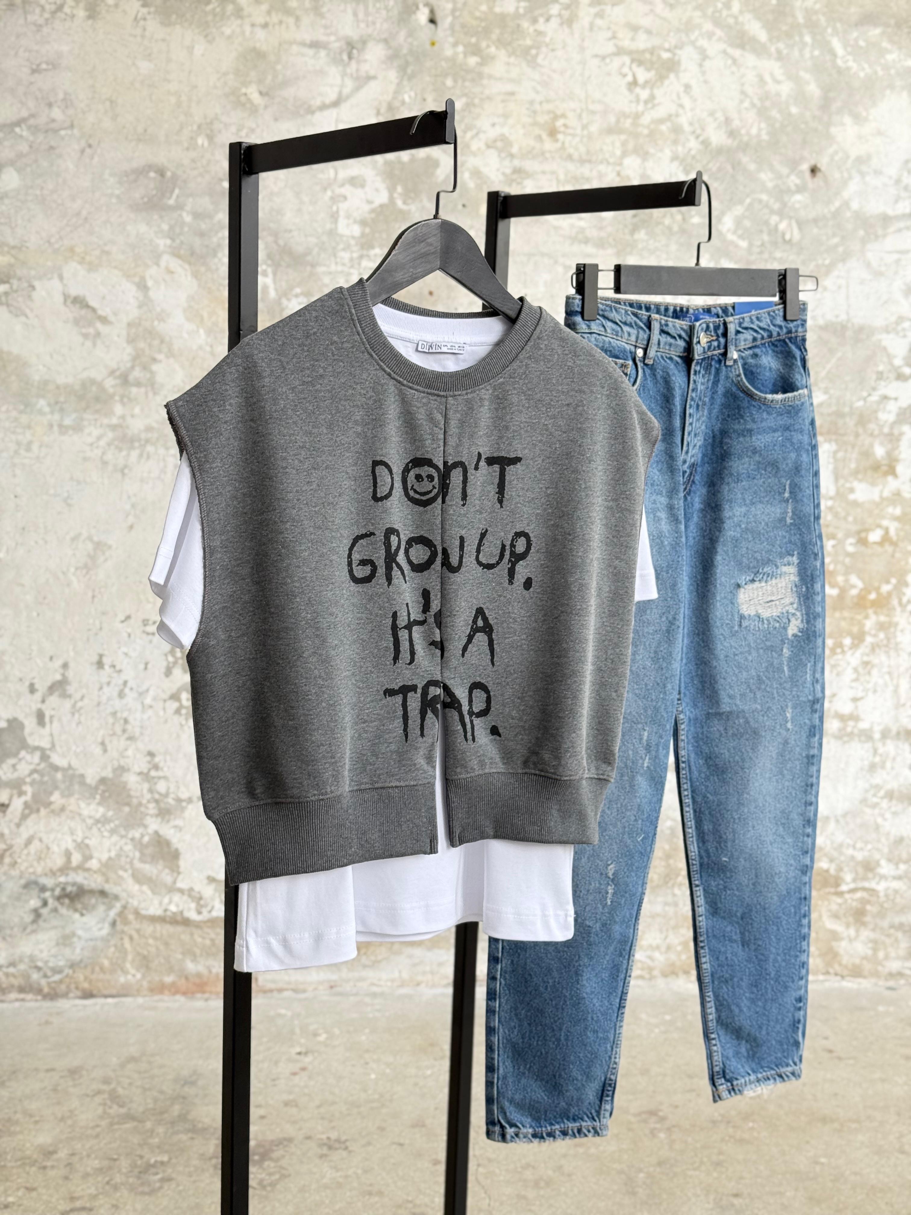 Yazı Baskılı Beli Ribanalı Kolsuz Sweatshirt (Antrasit)