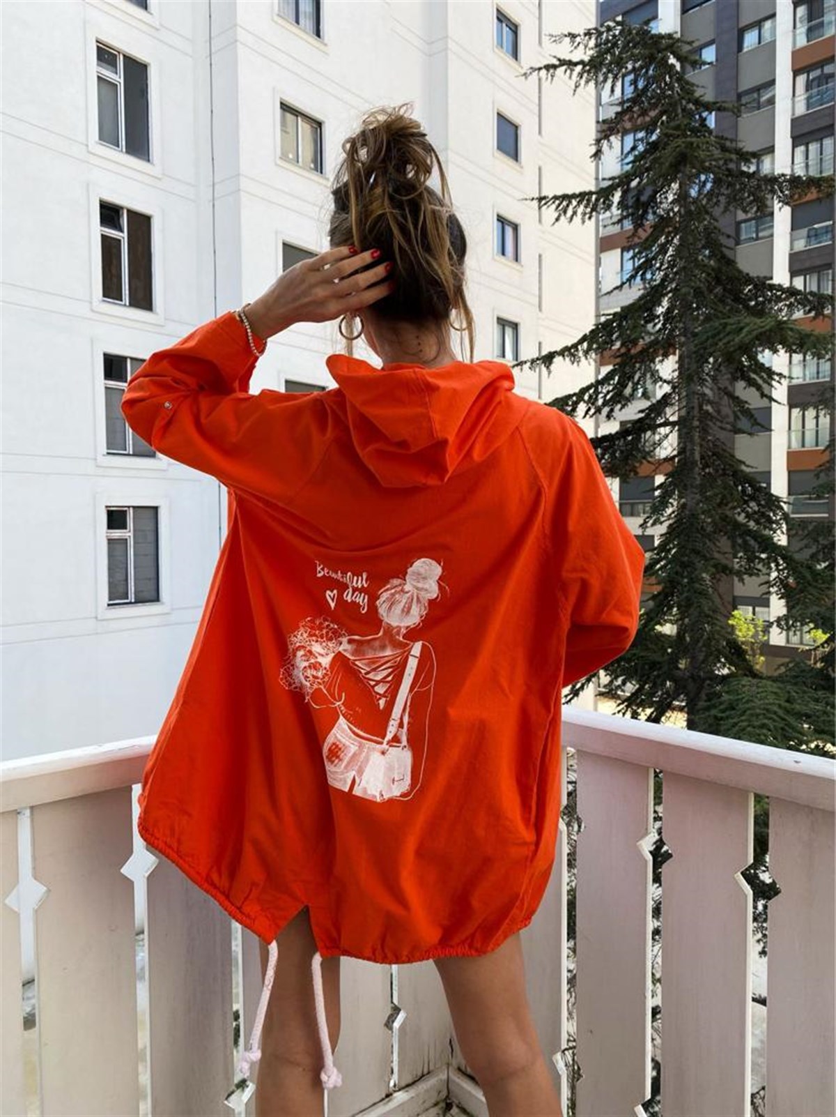 Yazı Baskılı Sırt Detay Keten Fermuarlı Ceket (Oranj)