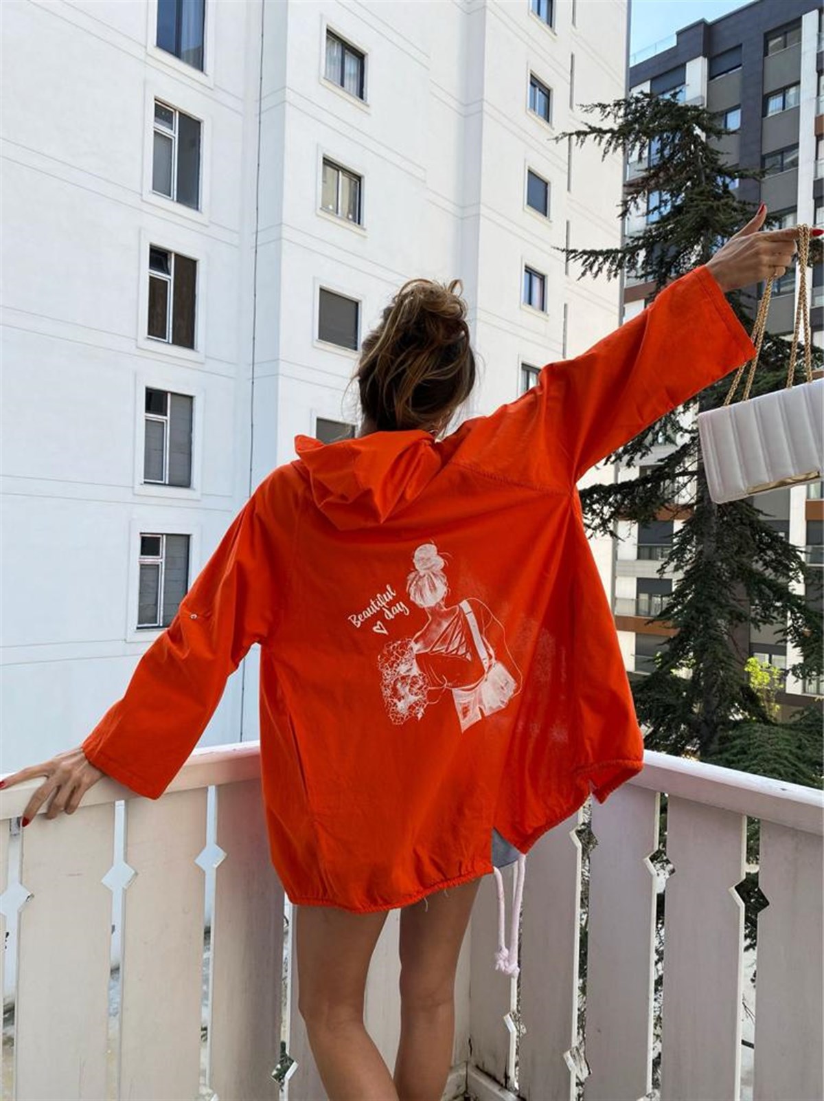 Yazı Baskılı Sırt Detay Keten Fermuarlı Ceket (Oranj)