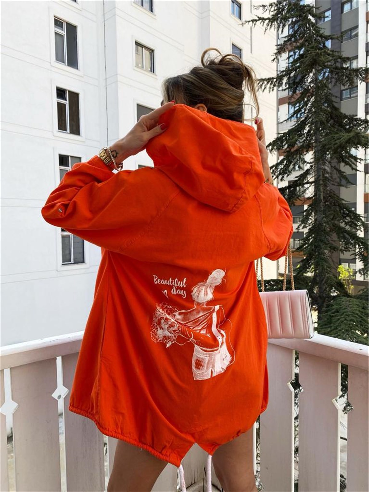 Yazı Baskılı Sırt Detay Keten Fermuarlı Ceket (Oranj)