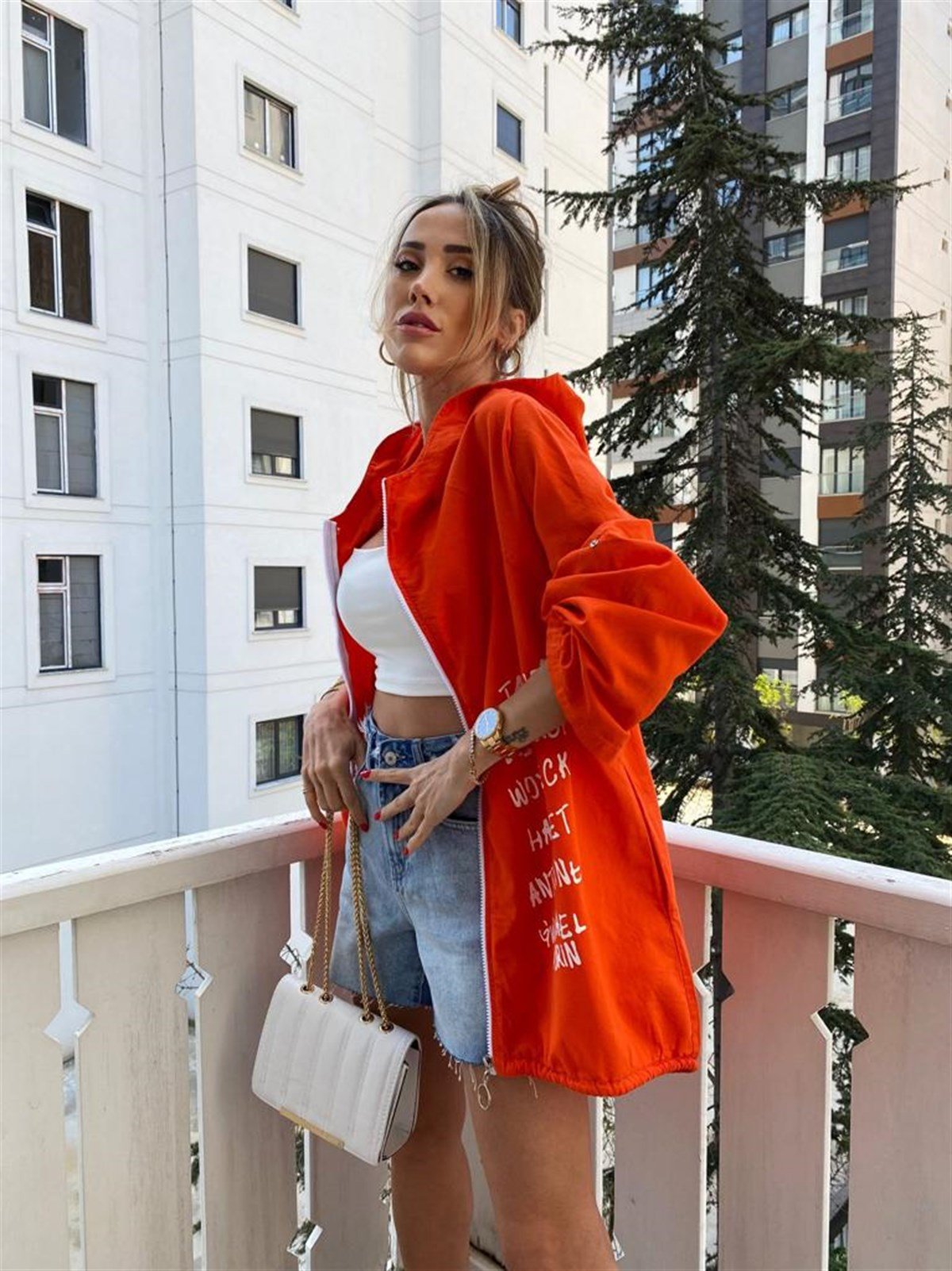 Yazı Baskılı Sırt Detay Keten Fermuarlı Ceket (Oranj)