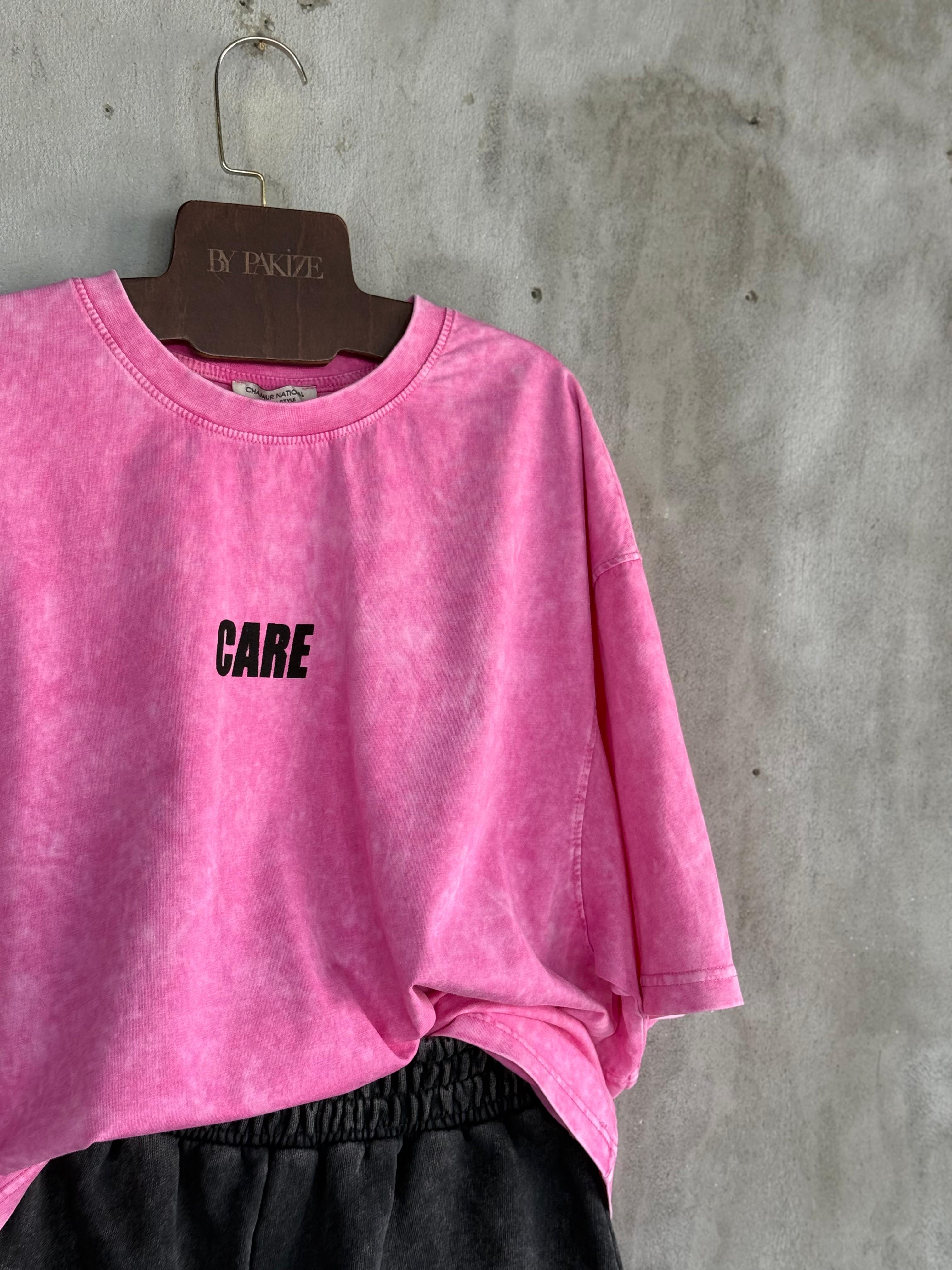 Yazı Baskılı Taş Yıkamalı Oversize Dokuma Tişört (Pembe)