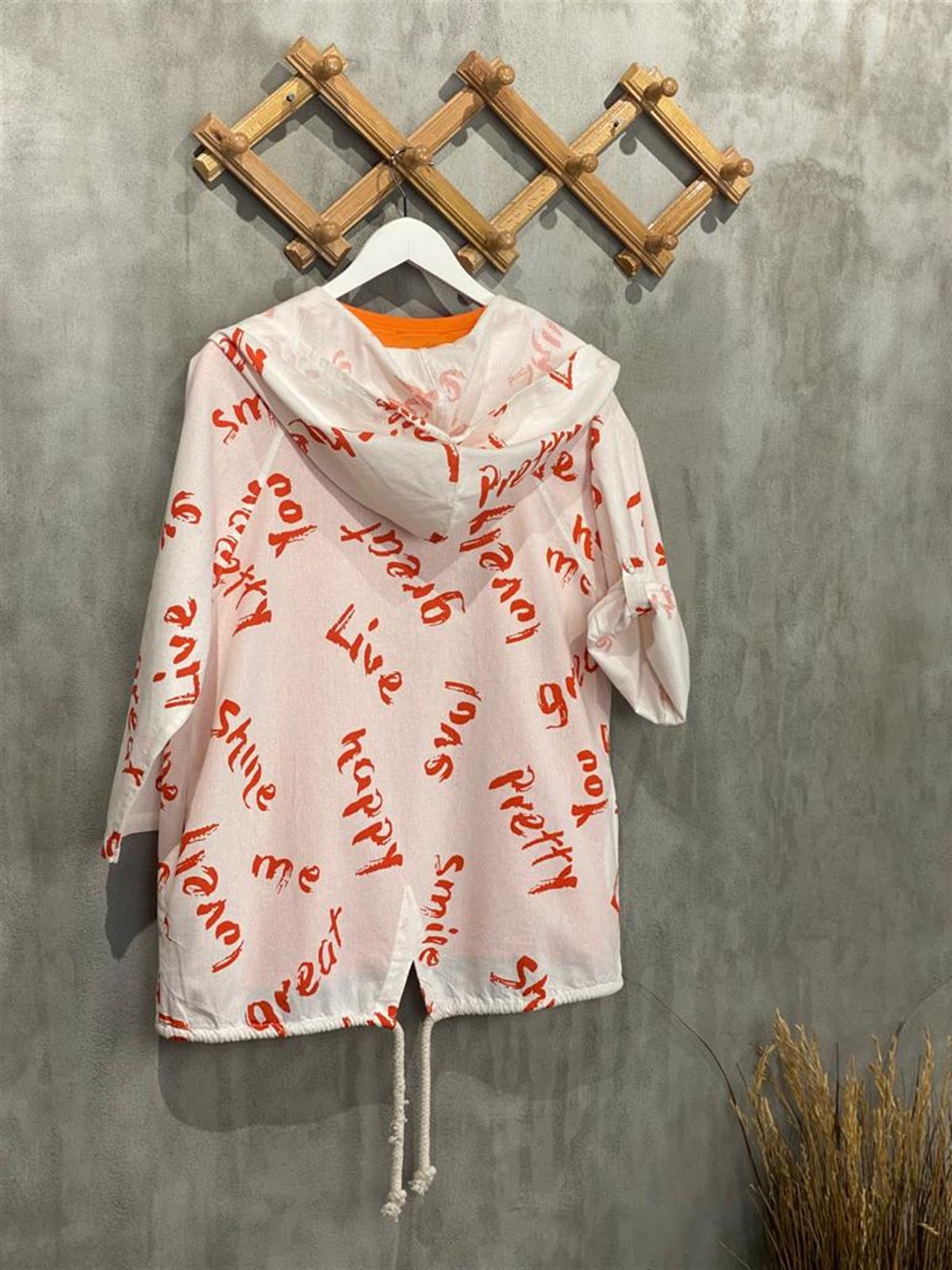 Yazı Basklı Organik Ham Keten Ceket (Oranj-Beyaz)