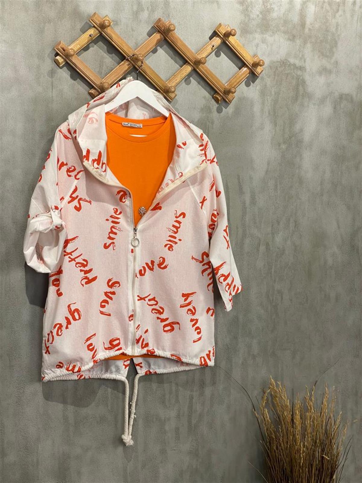 Yazı Basklı Organik Ham Keten Ceket (Oranj-Beyaz)