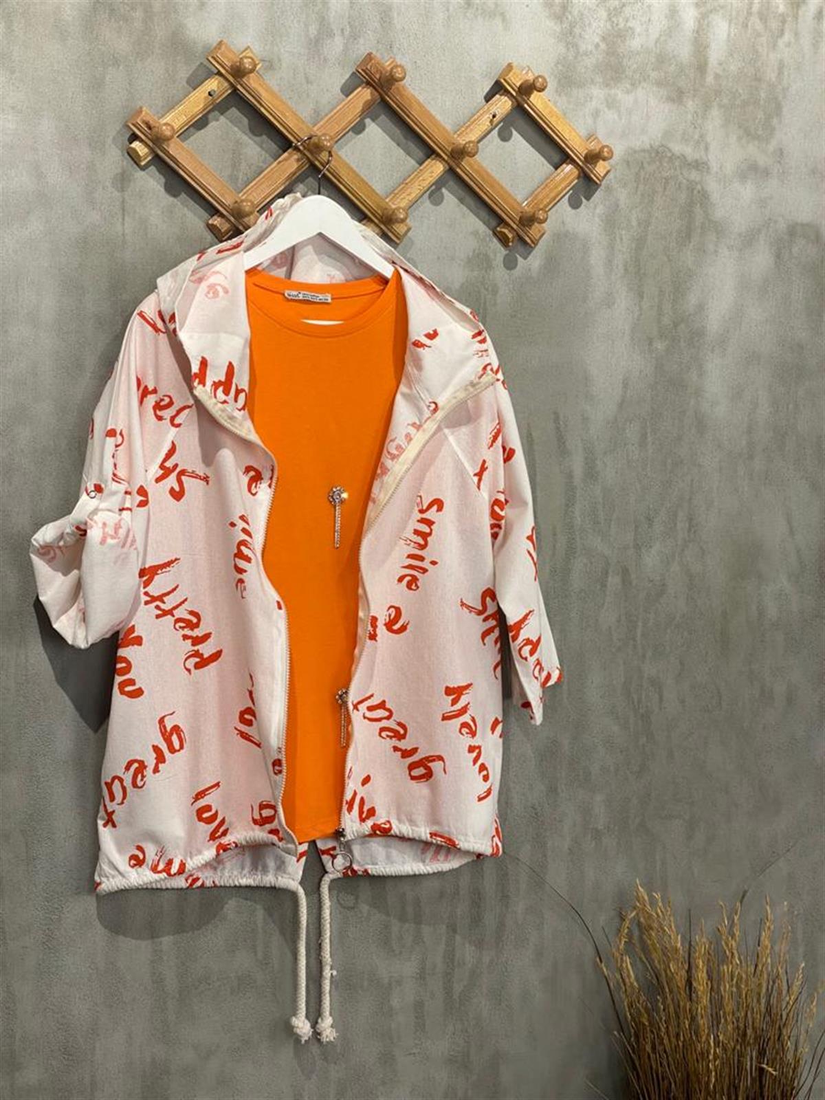 Yazı Basklı Organik Ham Keten Ceket (Oranj-Beyaz)