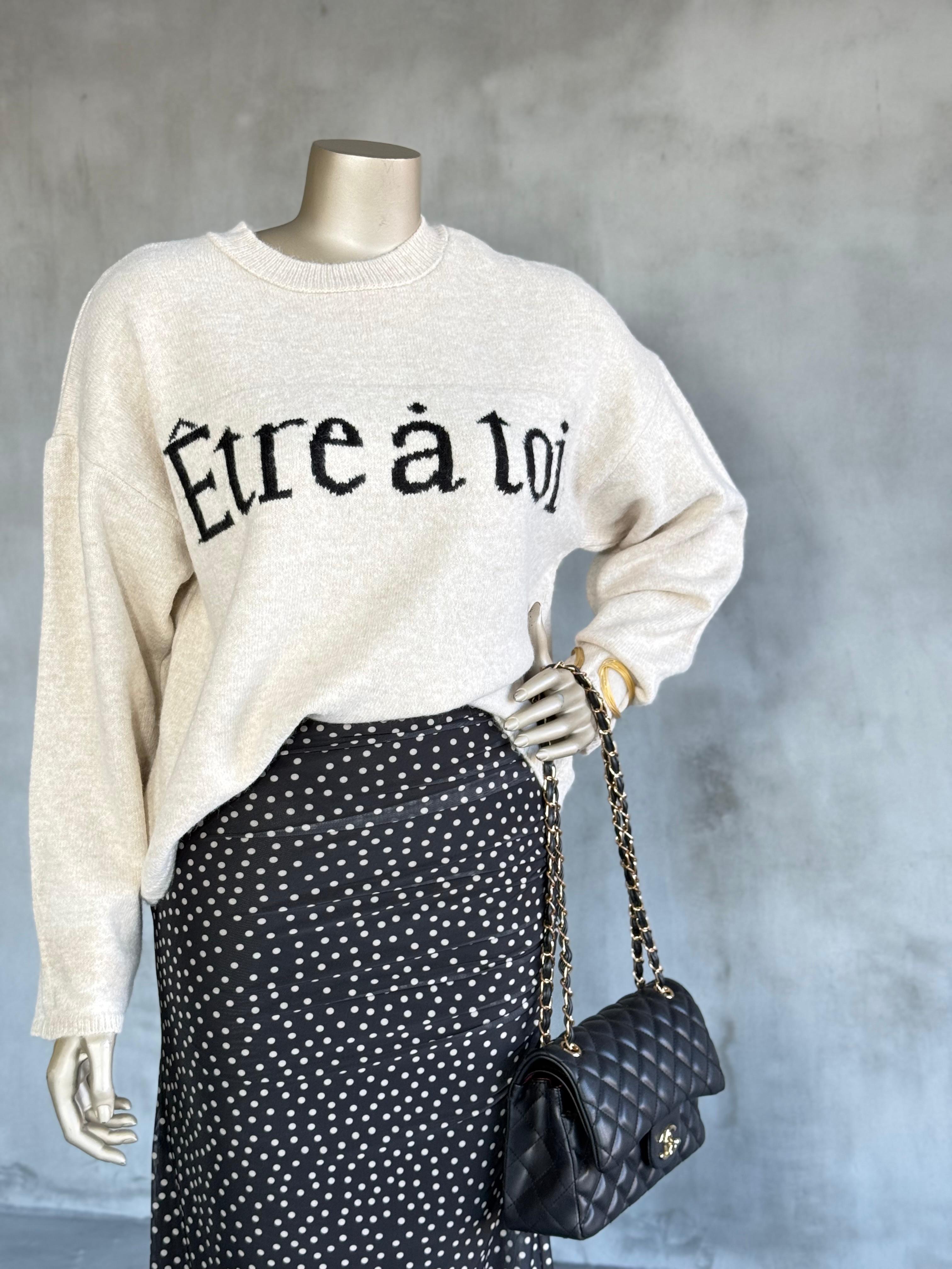 Yazı Desenli Bisiklet Yaka Triko Kazak (Ekru)