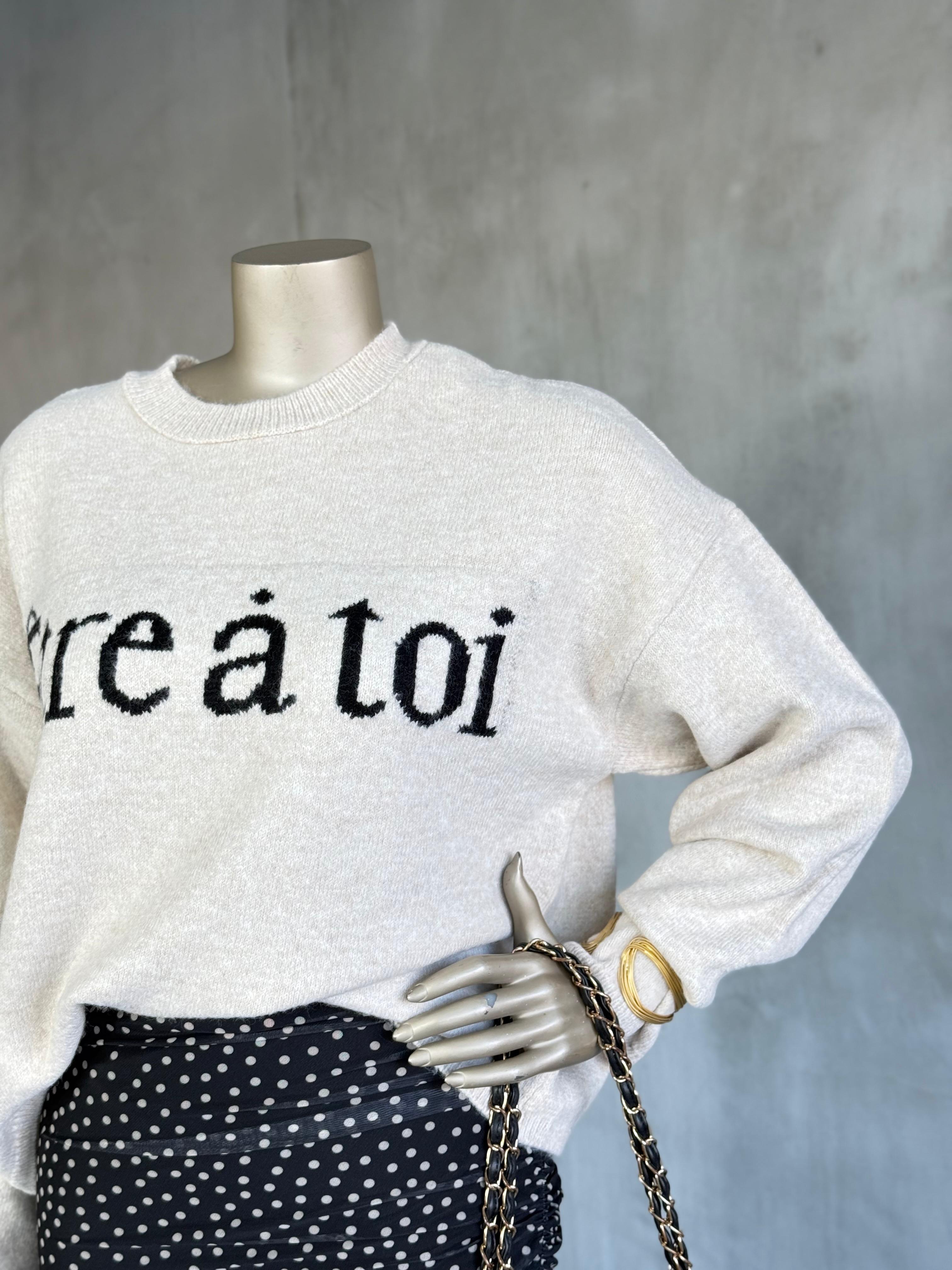 Yazı Desenli Bisiklet Yaka Triko Kazak (Ekru)