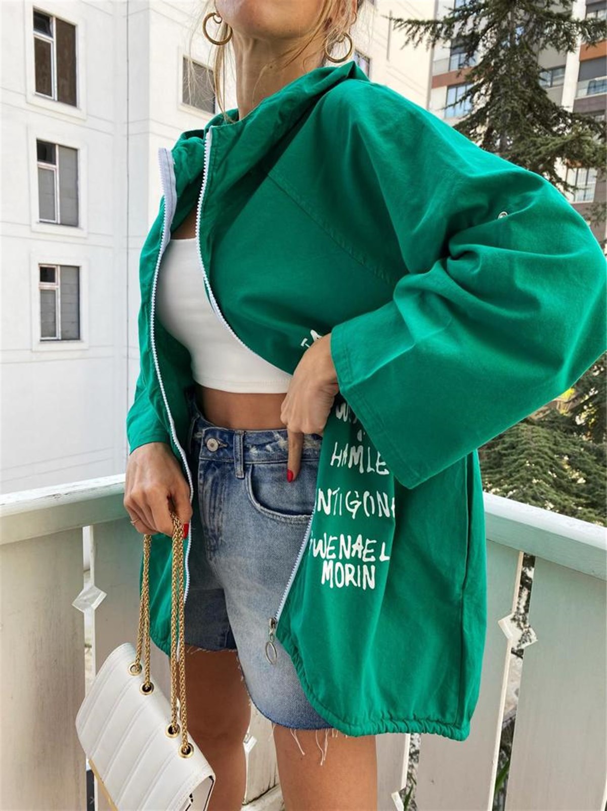 Yeşil Naturel Beautiful Day Yazı Figürlü Oversize Ceket
