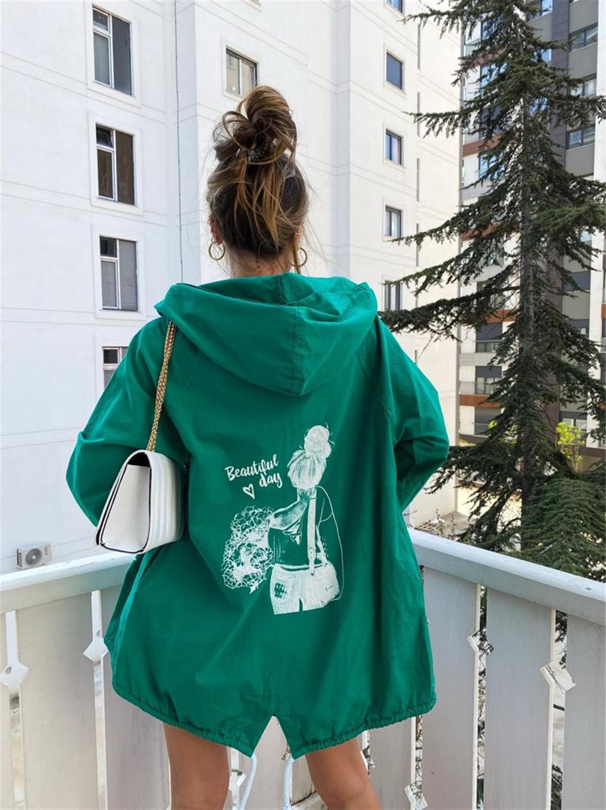 Yeşil Naturel Beautiful Day Yazı Figürlü Oversize Ceket