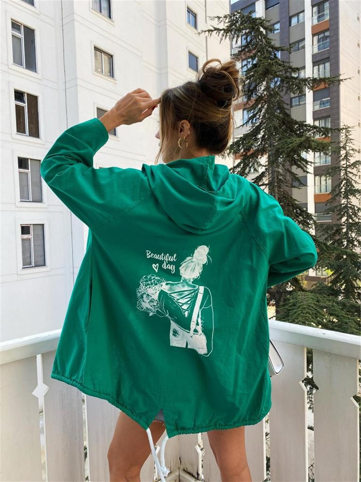 Yeşil Naturel Beautiful Day Yazı Figürlü Oversize Ceket