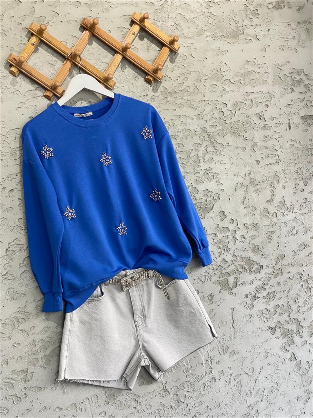 Yıldız Model Kristal Taşlı Sweat (Saks Mavi)