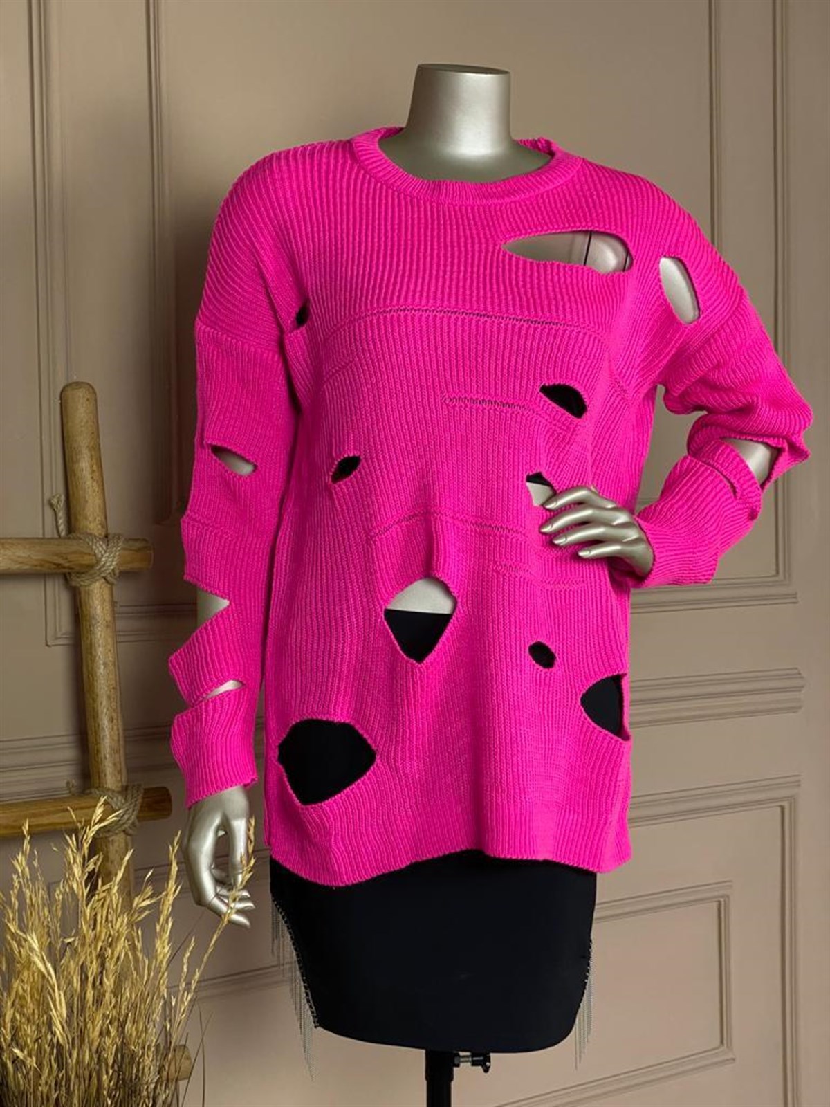 Yırtık Detay Tasarım Kazak (Pembe)