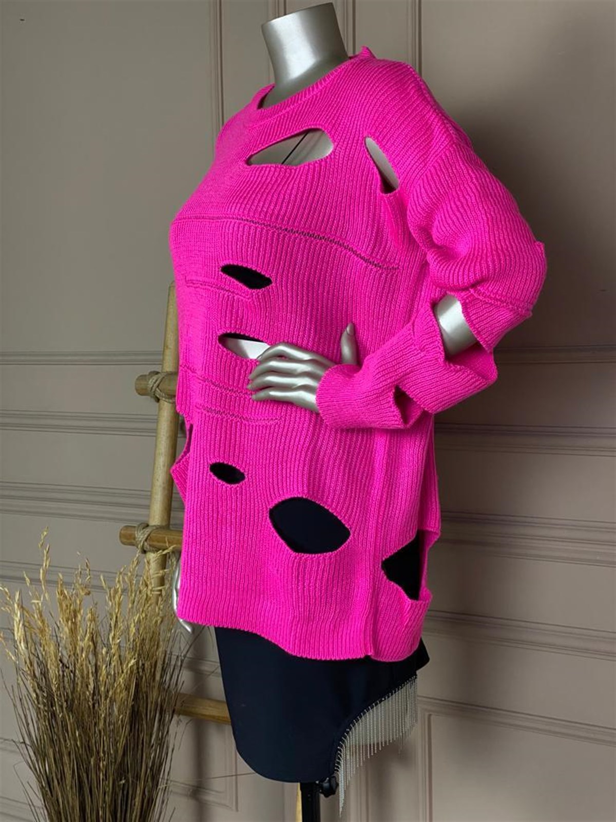 Yırtık Detay Tasarım Kazak (Pembe)