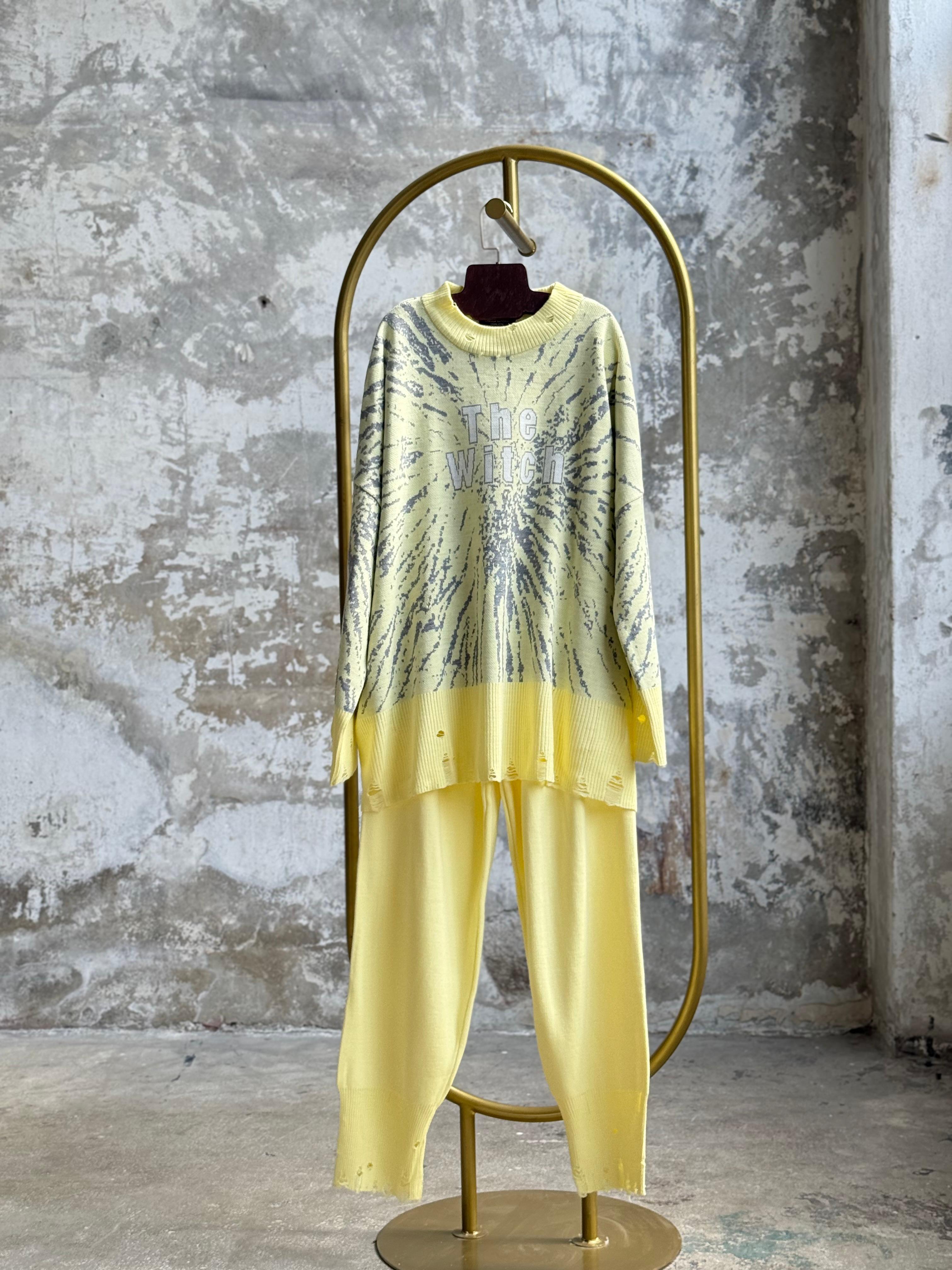 Yırtık Detaylı Oversize Triko Takım (Limon Sarısı)