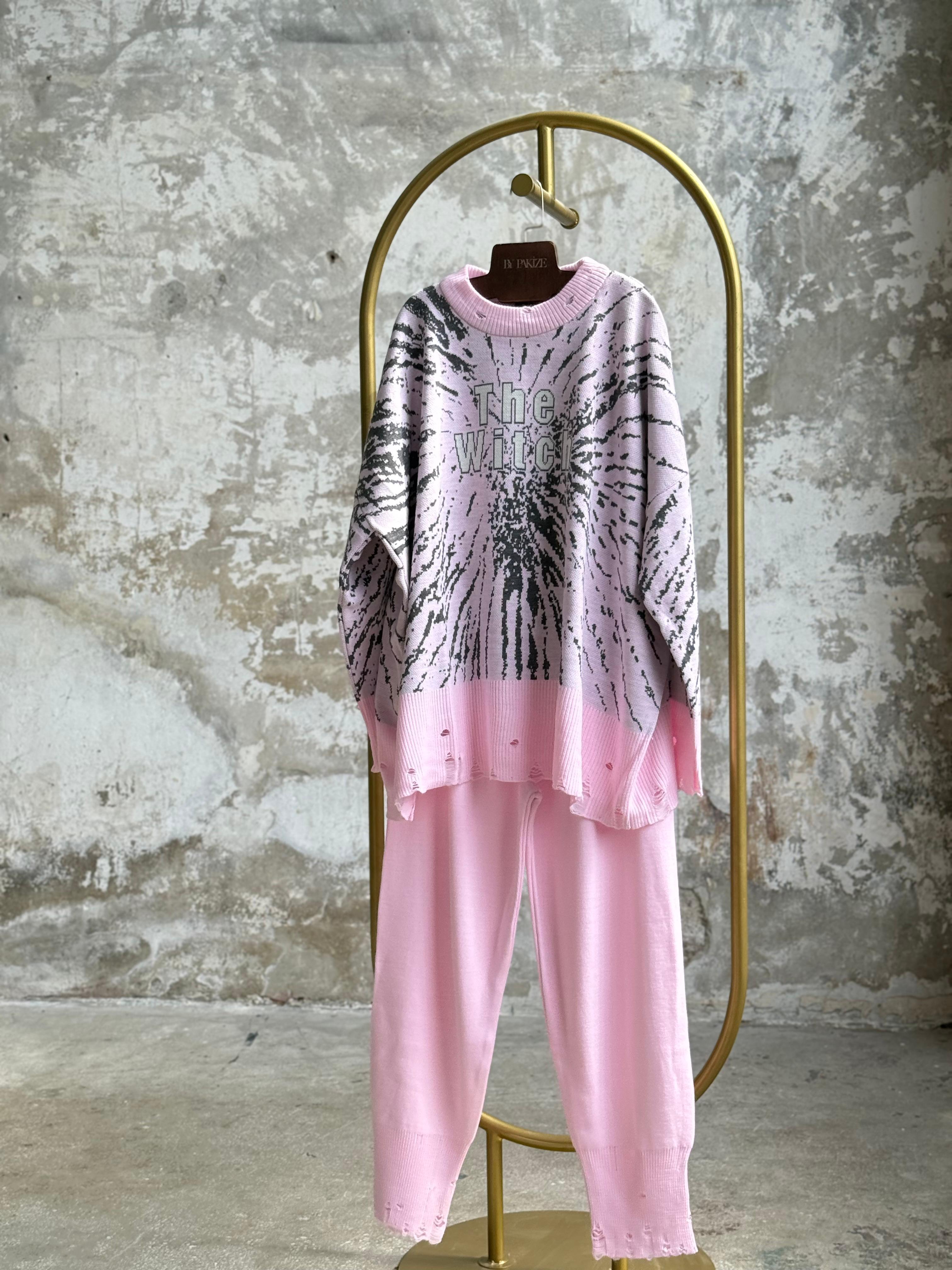 Yırtık Detaylı Oversize Triko Takım (Şeker Pembesi)