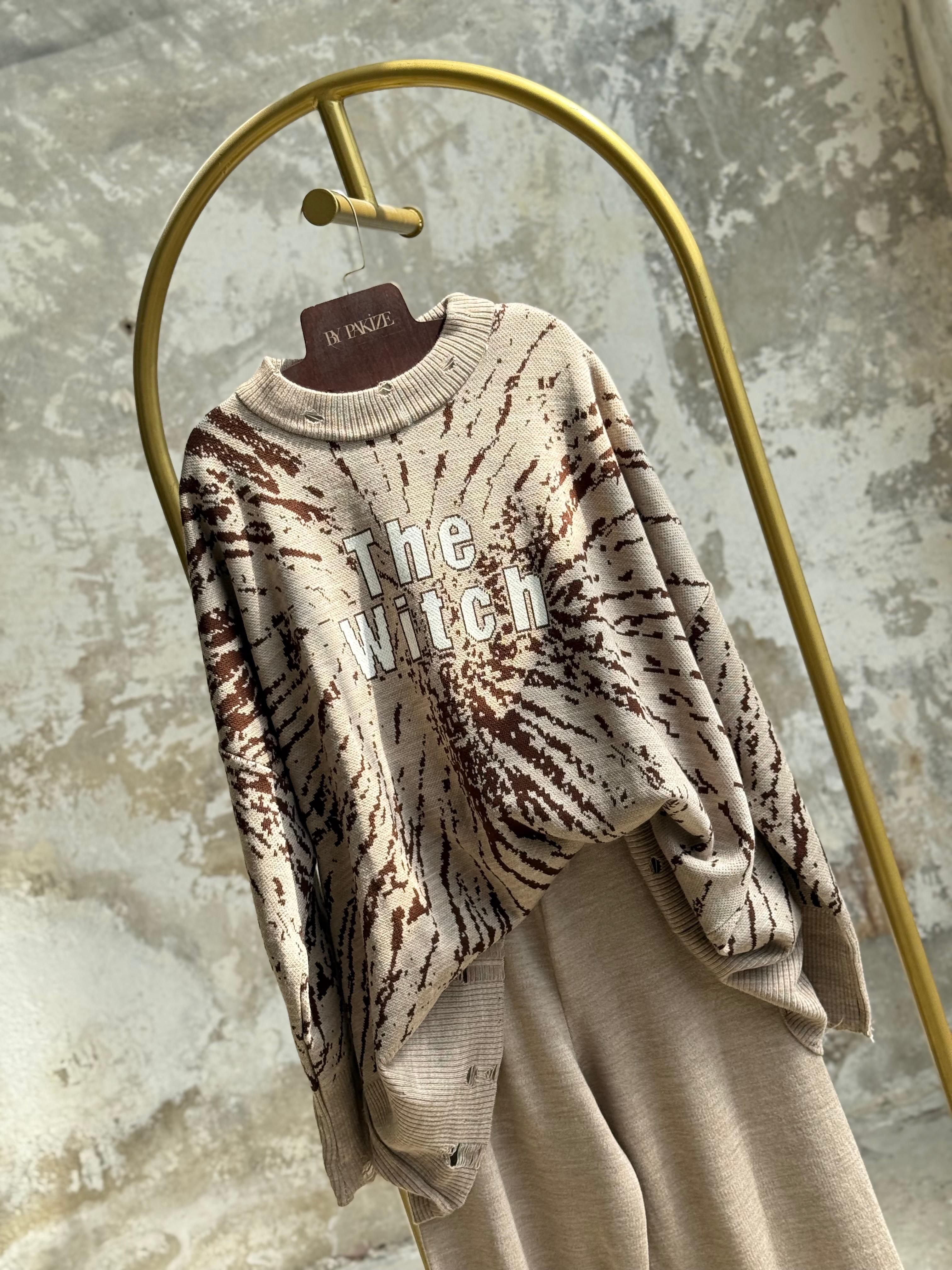 Yırtık Detaylı Oversize Triko Takım (Vizon)
