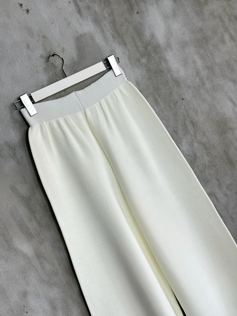 Yüksek Bel Tok Triko Bol Pantolon (Ekru)
