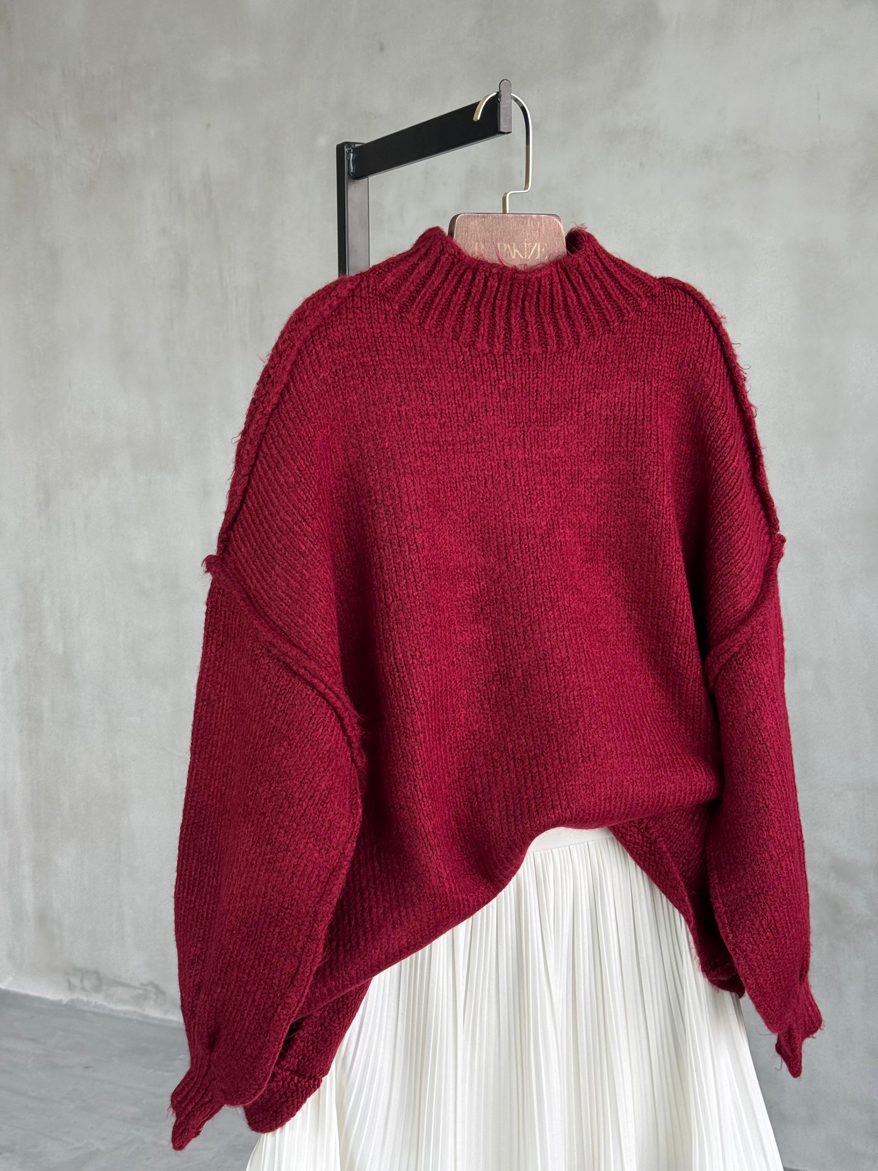 Yumoş Dış Dikişli Oversize Kazak (Bordo)