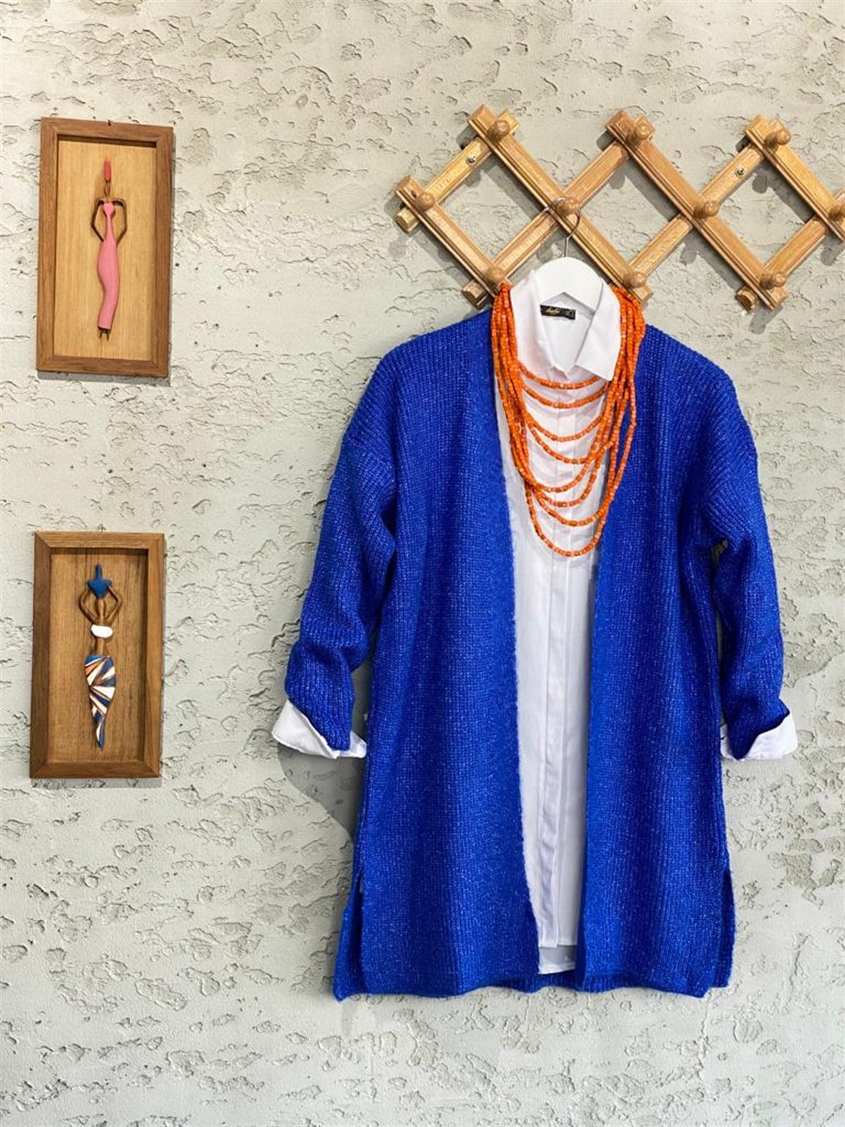 Yumoş Örgü Doku Uzun Tunik Hırka (Saks)