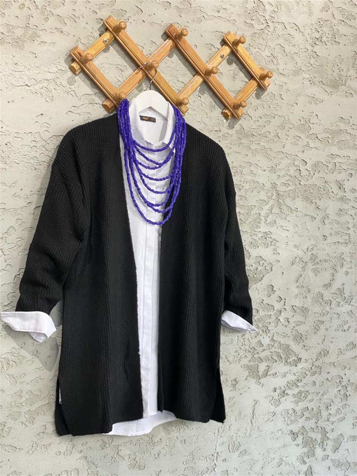 Yumoş Örgü Doku Uzun Tunik Hırka (Siyah)