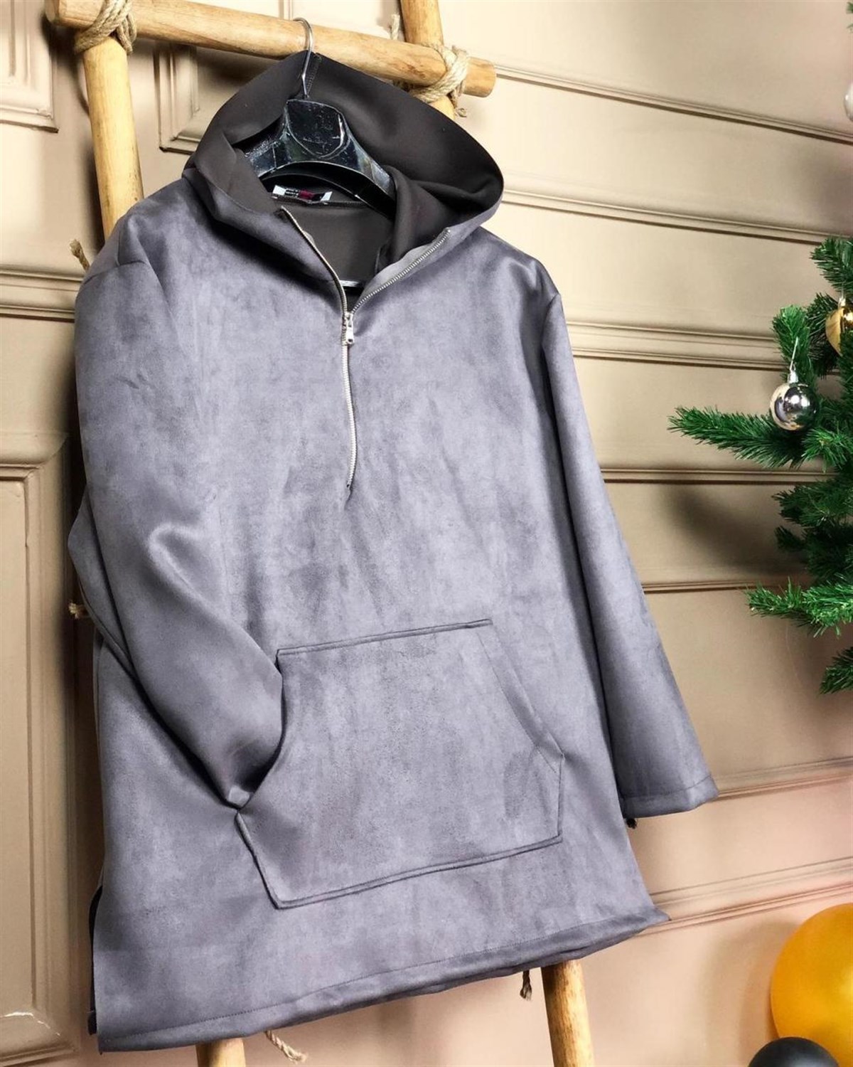 Yumuşak Nubuk Kumaş Önden Cepli Sweatshirt (FÜME)