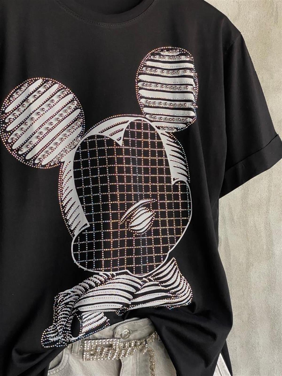 Zımba Boncuk İşlemeli Mickey Mouse Tişört (Siyah)