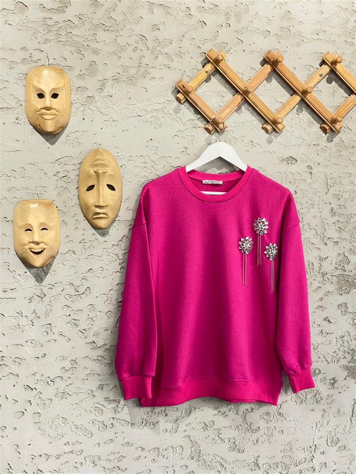 Zincir Salkımlı Kristal Taşlı Sweat (Fuşya)