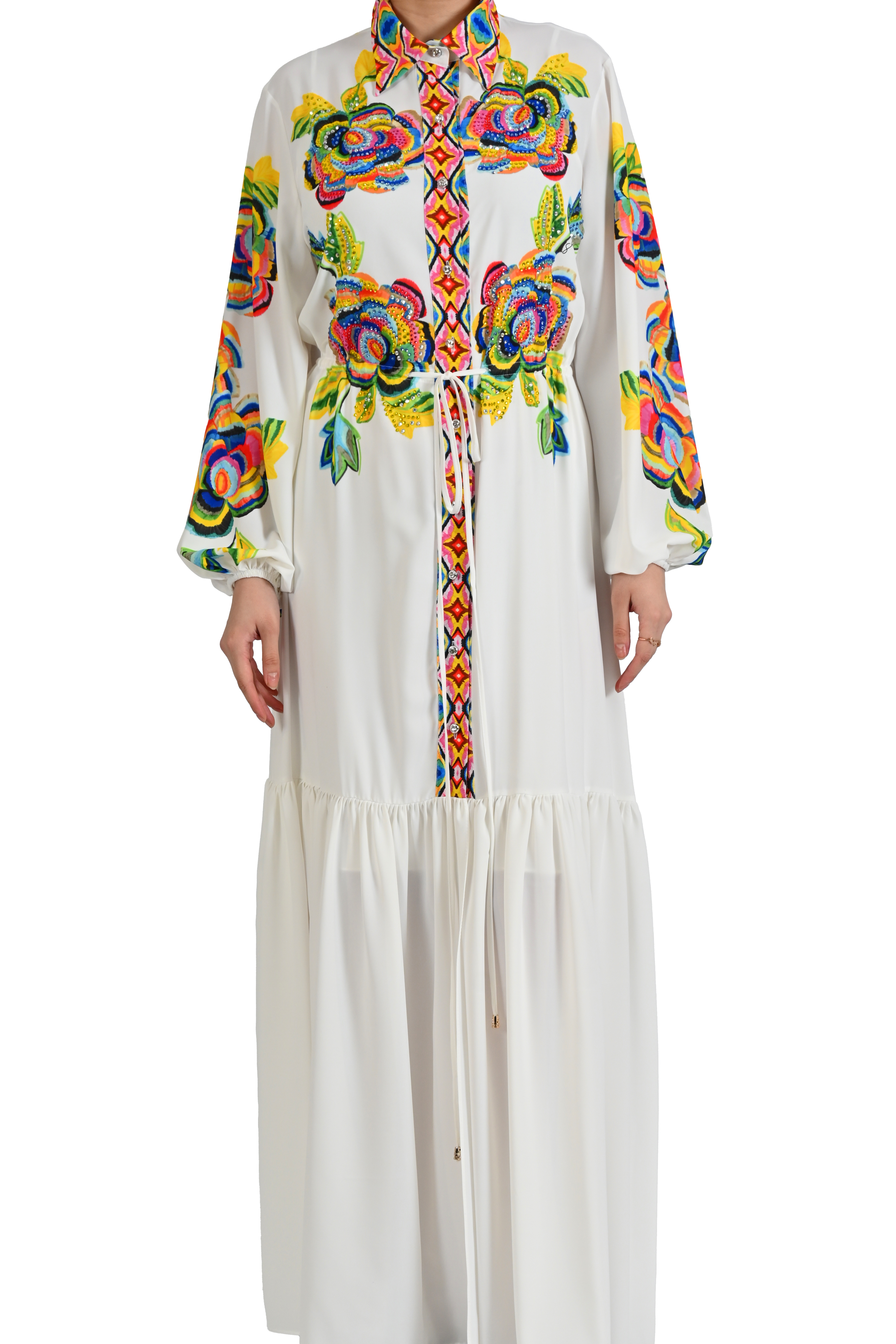BELDEN KUŞAKLI MULTICOLOR NAKIŞLI ELBİSE