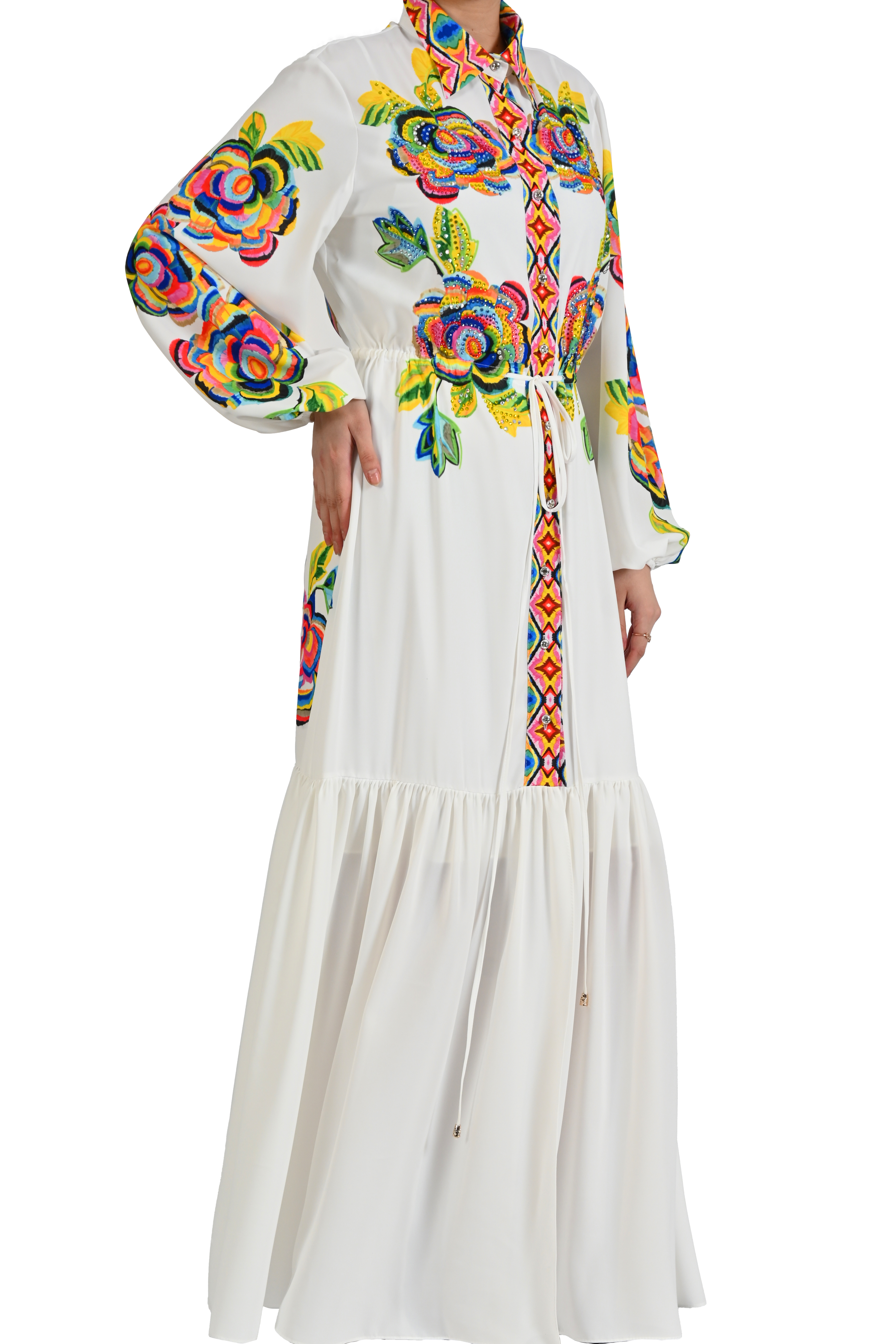 BELDEN KUŞAKLI MULTICOLOR NAKIŞLI ELBİSE