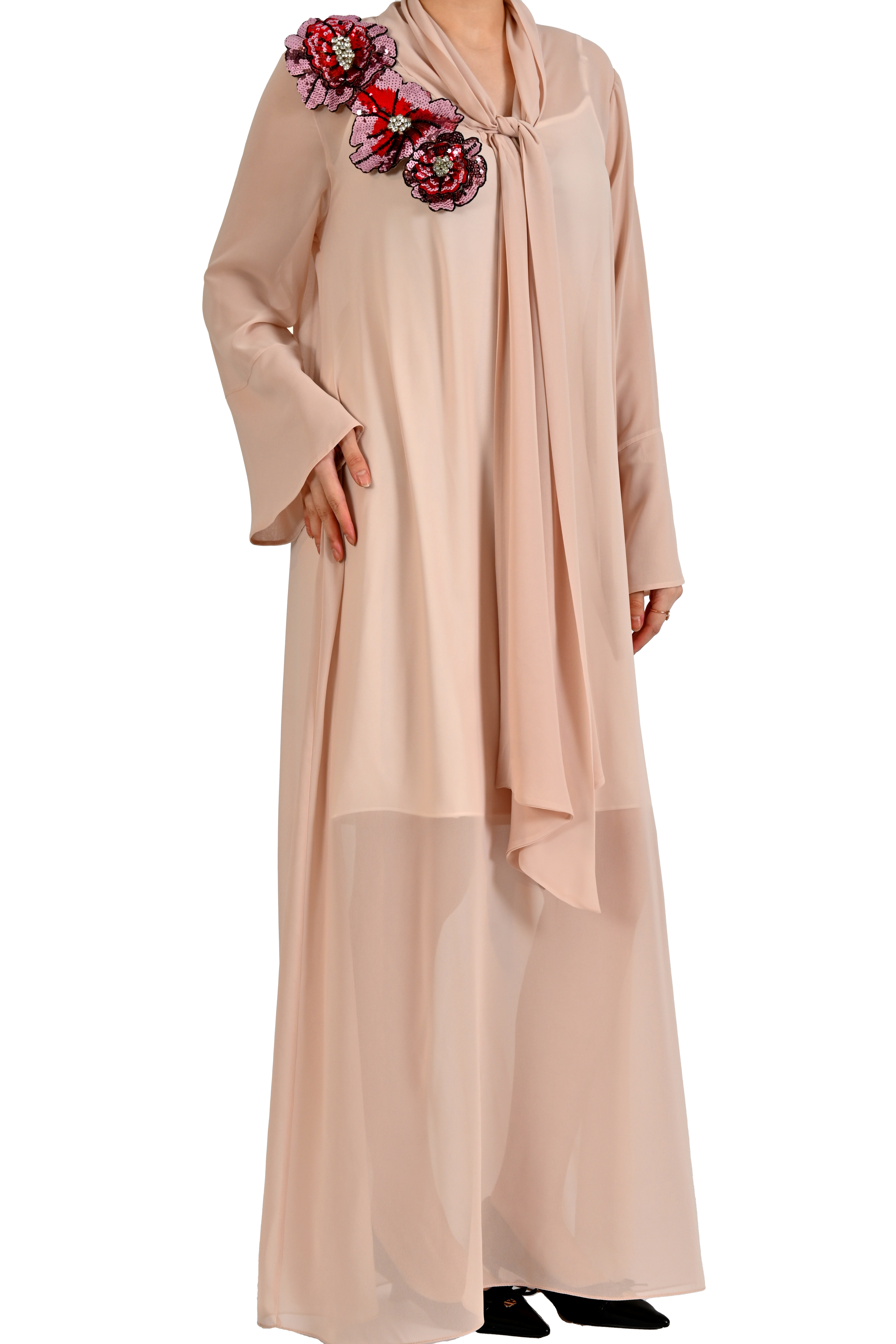 NUT ÜÇ BOYUTLU ÇİÇEK APLİKELİ ŞİFON KAFTAN