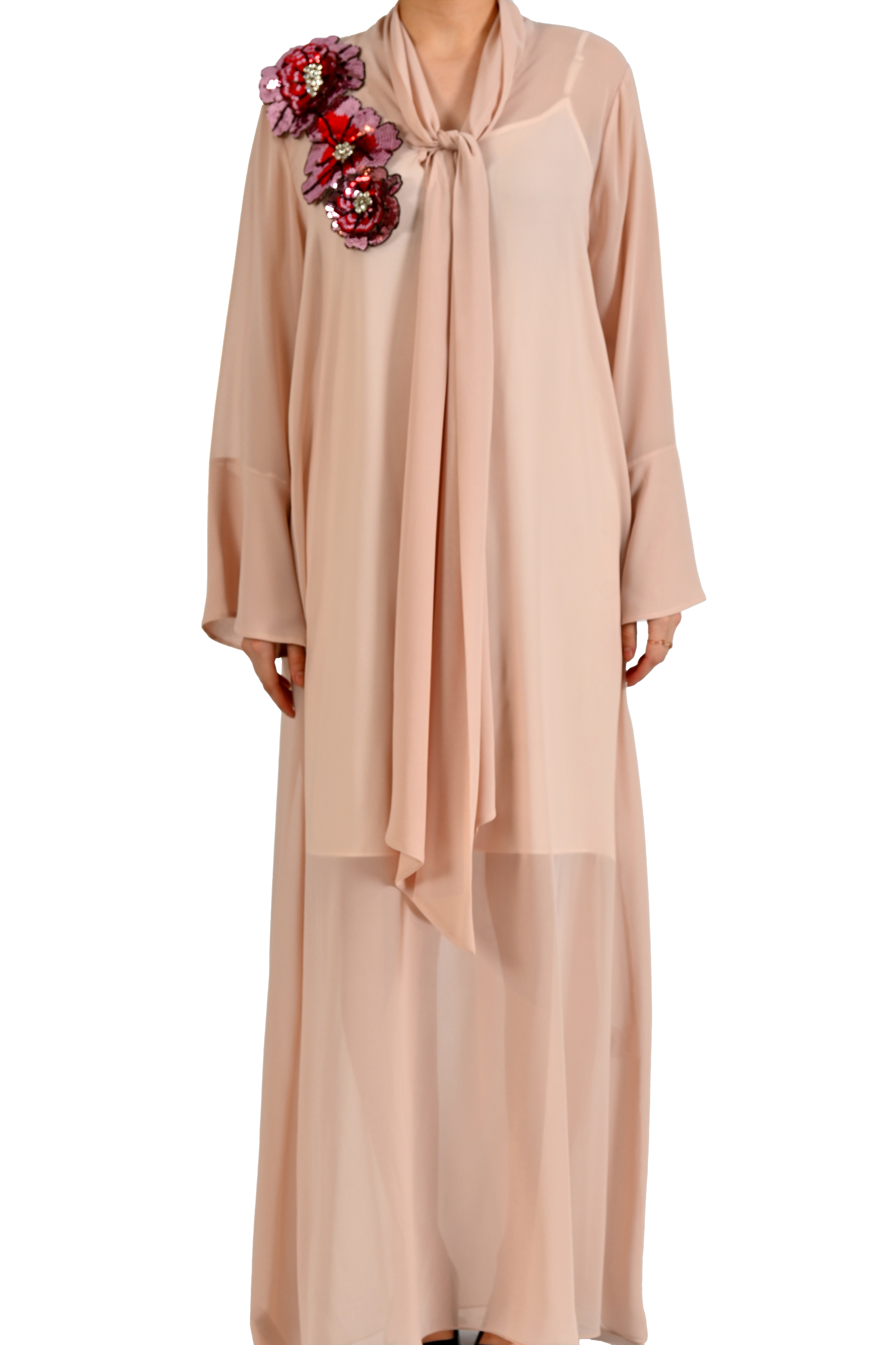 NUT ÜÇ BOYUTLU ÇİÇEK APLİKELİ ŞİFON KAFTAN