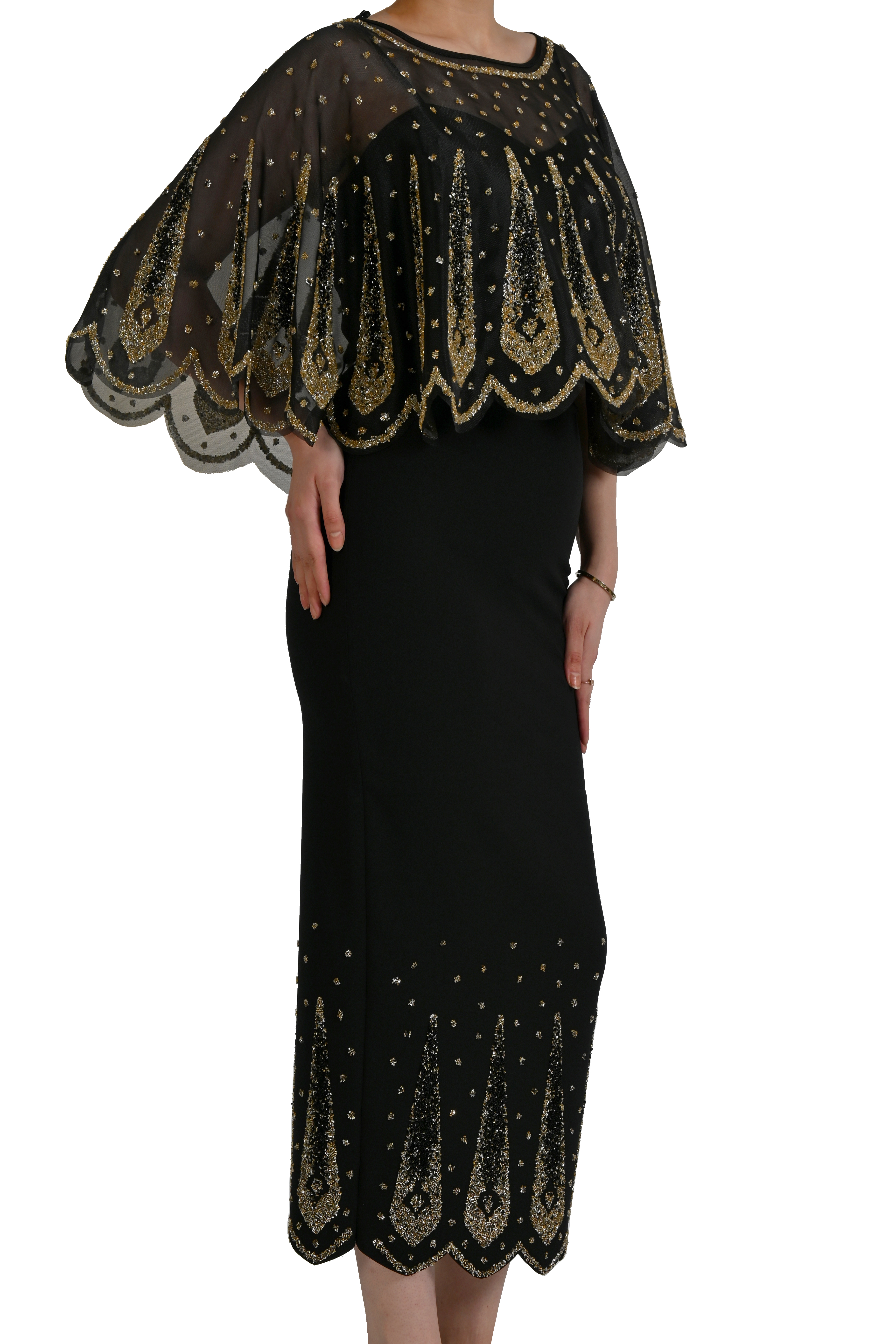 SİYAH GOLD PAYET İŞLEMELİ ORGANZE PELERİNLİ SİYAH ABİYE ELBİSE