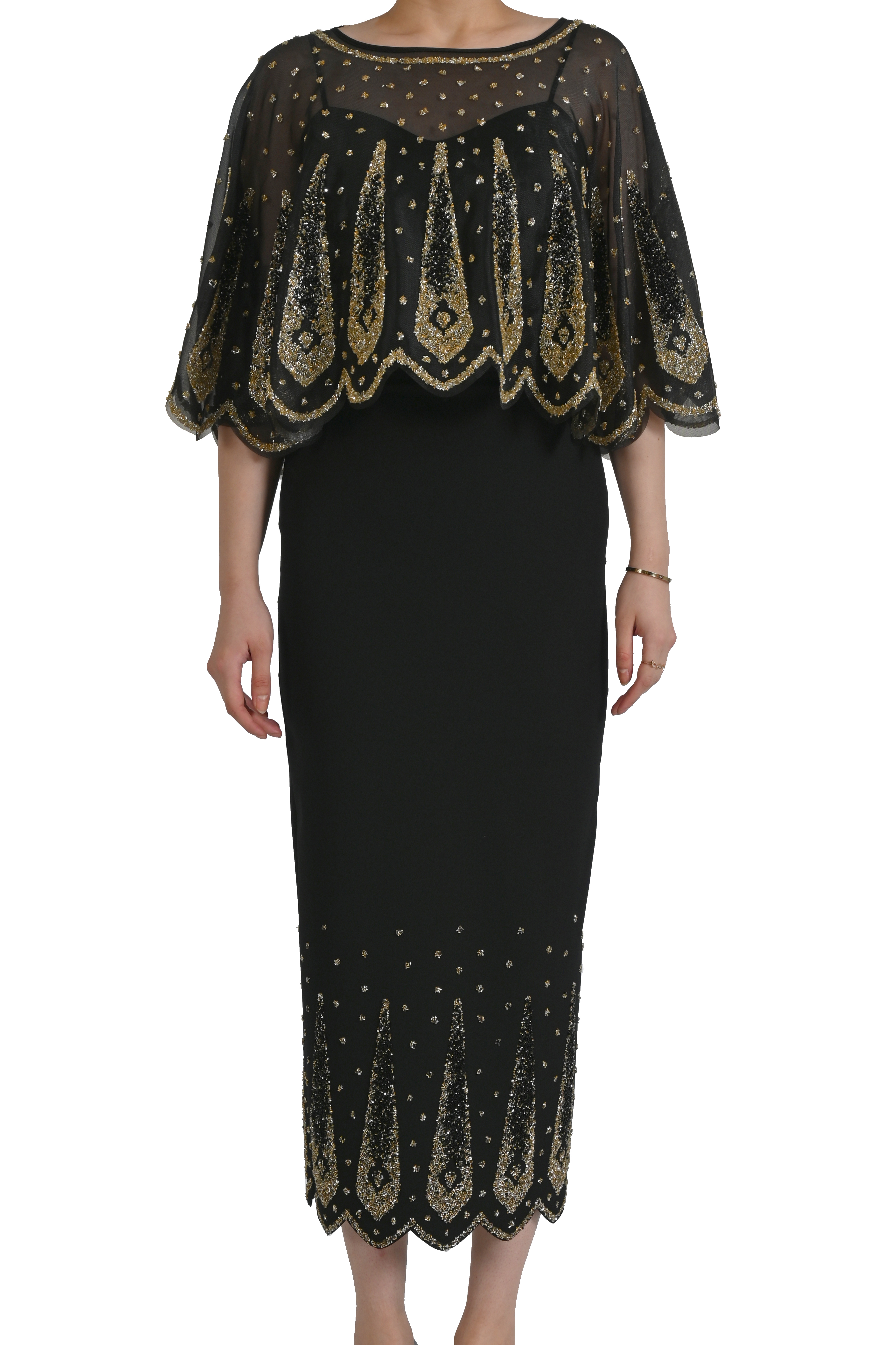 SİYAH GOLD PAYET İŞLEMELİ ORGANZE PELERİNLİ SİYAH ABİYE ELBİSE