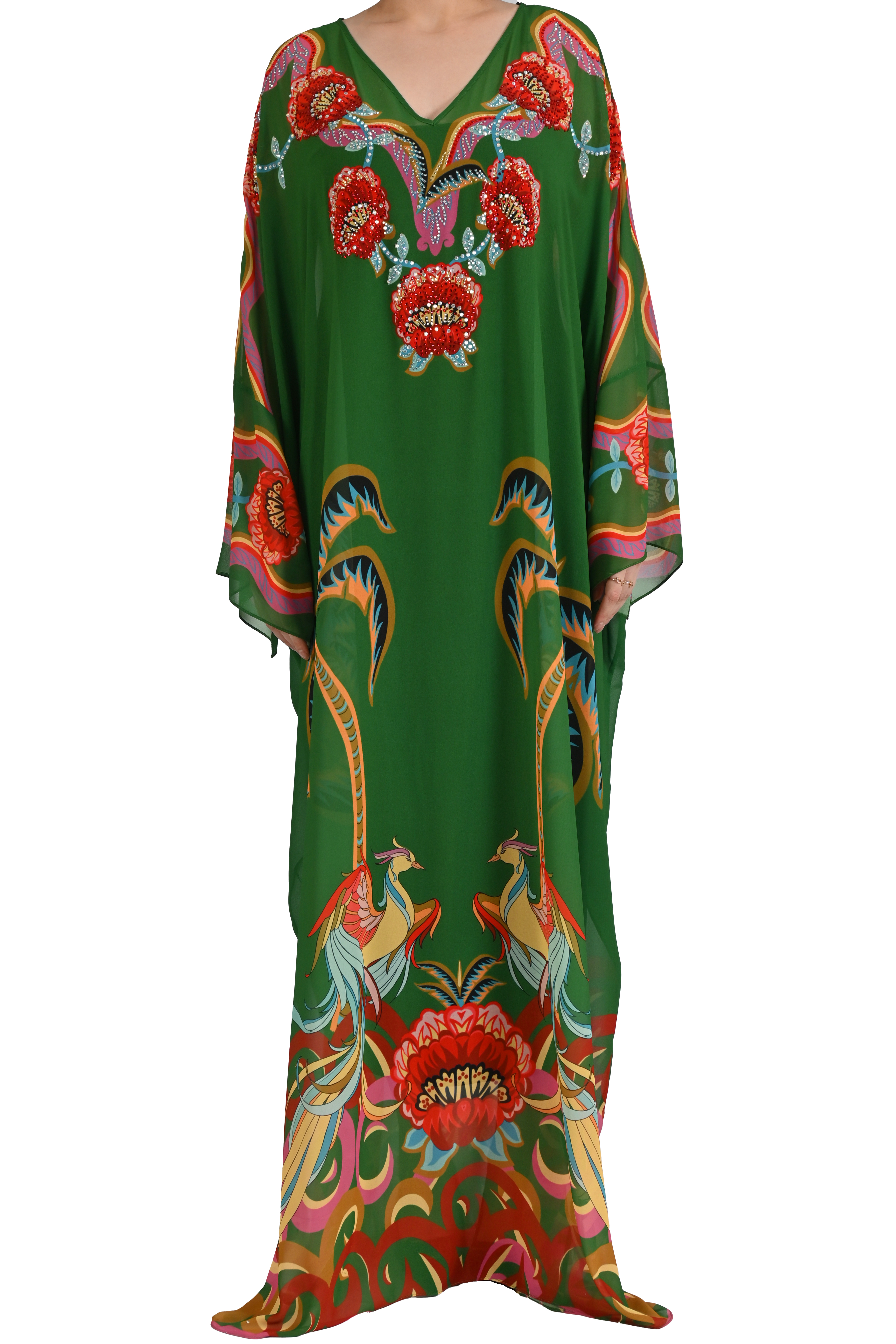 YEŞİL KRİSTAL TAŞ İŞLEMELİ FLORAL DETAYLI ABİYE KAFTAN