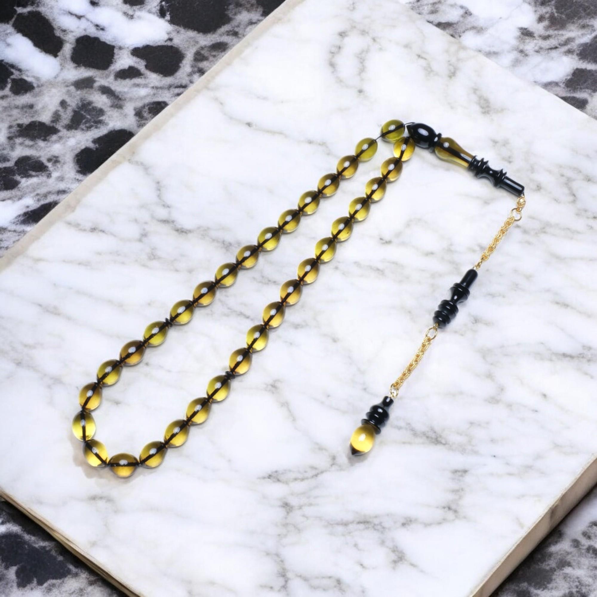 Arpa Kesim Zeytin Yeşili Ateş Kehribarı Tesbih (11x8 mm)