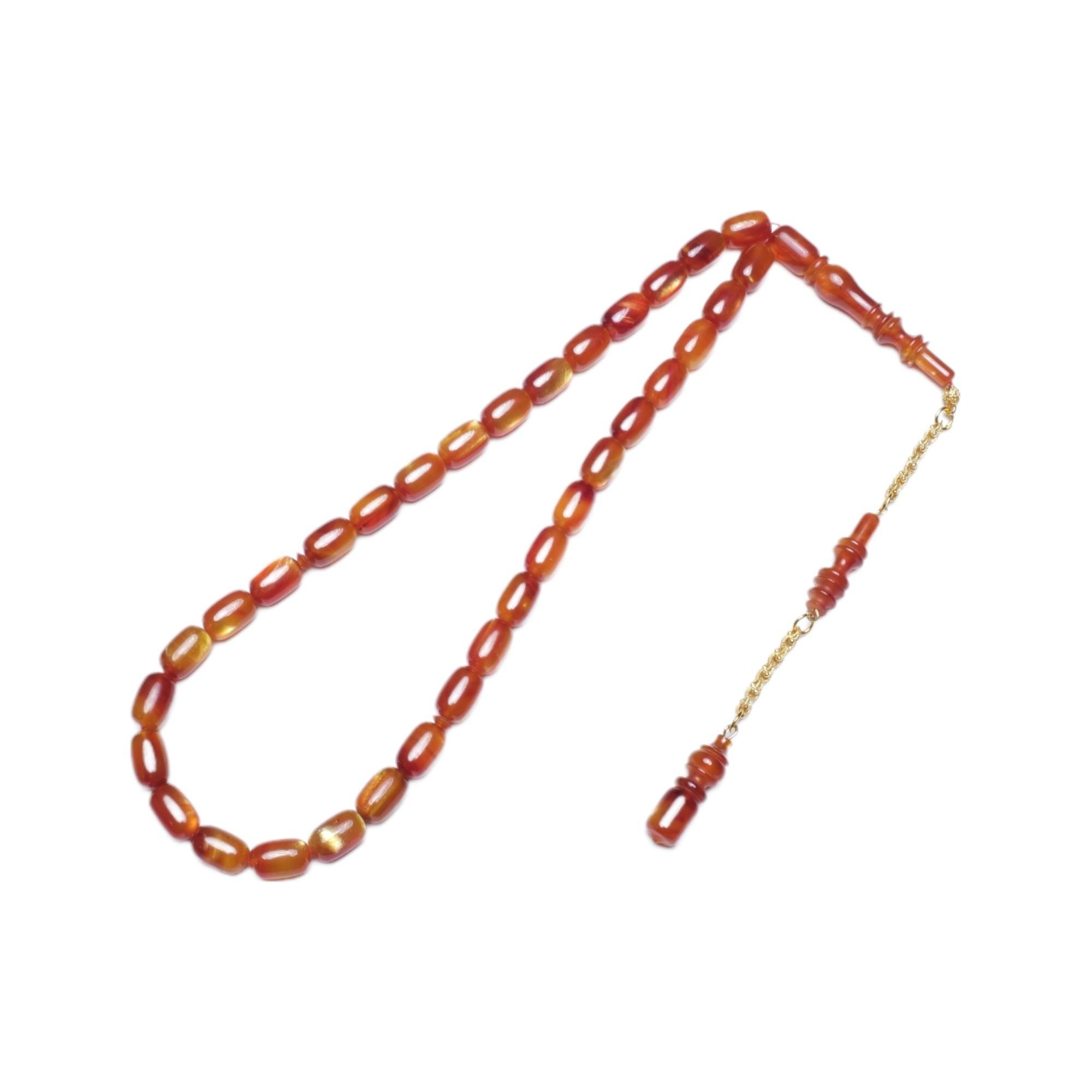 Kırmızı Sarı Parlak Hareli Kapsül Kesim Sıkma Kehribar Tesbih (12x8 mm)